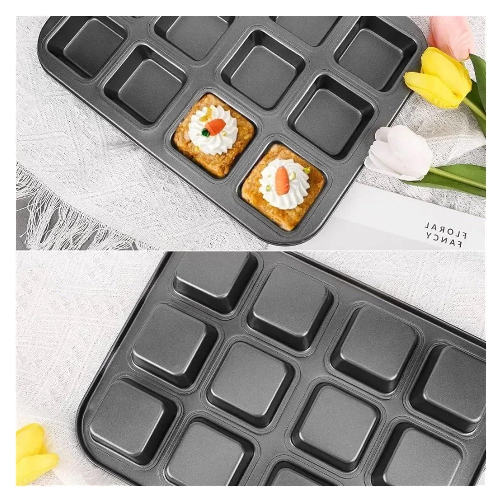 Moule à muffins carré antiadhésif à 12 cavités, multi-usages, résistant à la corrosion(2pcs LS gold)