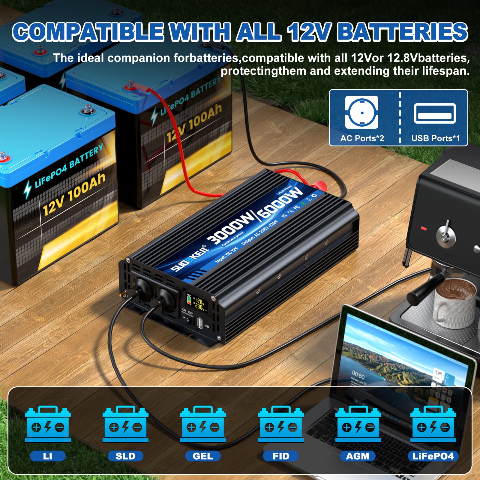 Inverter 12 V 230 V 3000 W/6000 W convertitore di tensione modificato Sinus Wave Inverter con 2 prese AC e porta USB e Type-C per auto camper veicoli