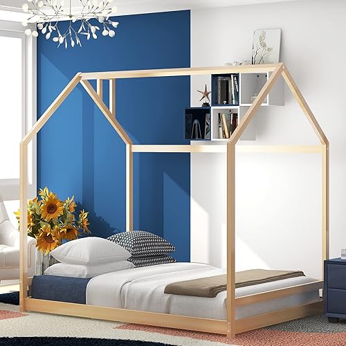 Miniatura 138 de MERITLINE Camas matrimoniales con nido para niños, marco de cama de madera para niñas y niños, cama matrimonial con techo, no necesita somier Azul +
