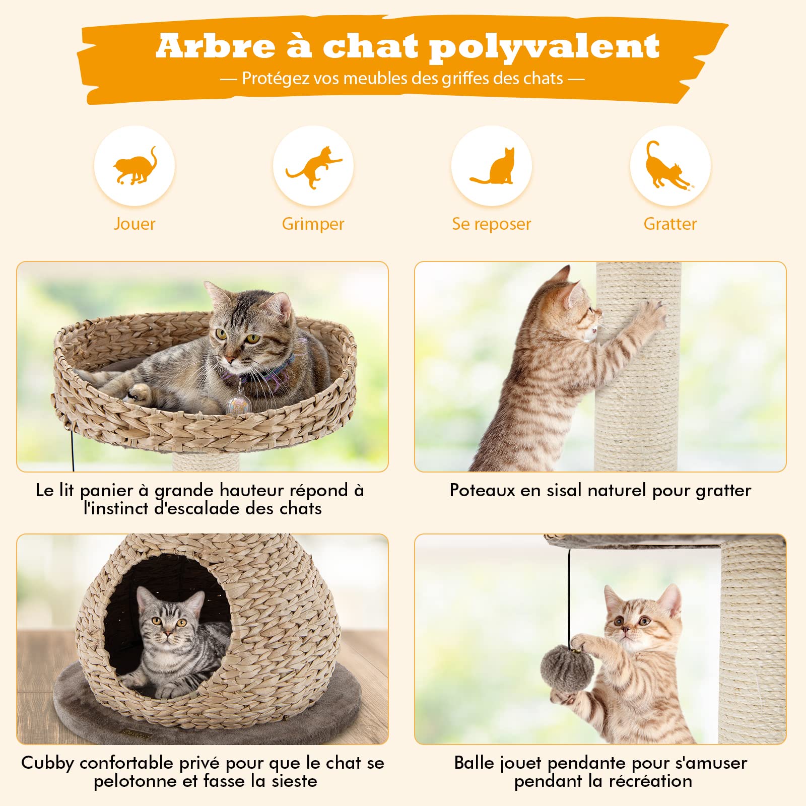 GOPLUS Arbre à Chat 72 CM en Tige de Massette, 2 Niveaux, avec Plateforme, Niche, Poteaux en Sisal, Coussin Souple, Boule pour Chats et Chatons, Marron et Beige