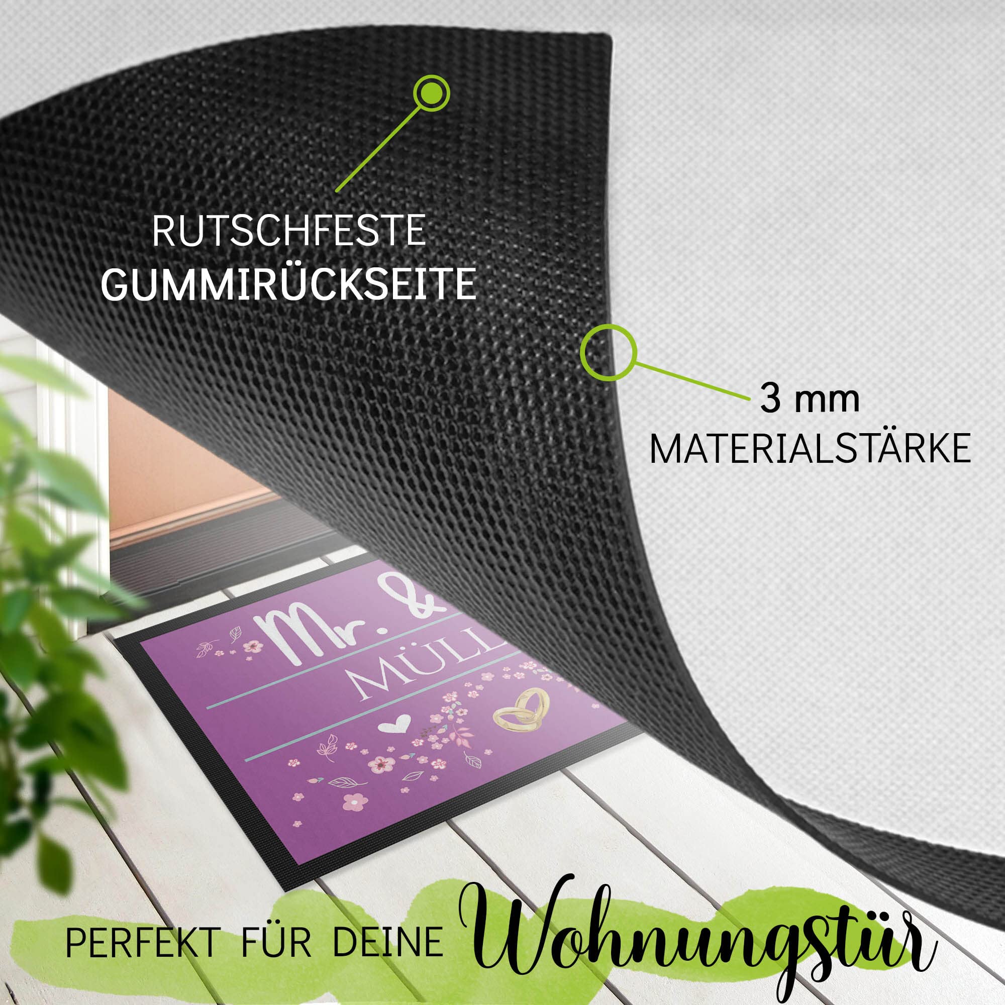 Print Royal Personalisierte Fußmatte mit Namen - Mr und Mrs mit Blumen und Ringe - Geschenke zum Einzug | rutschfest, 120x80cm mit Gummirand