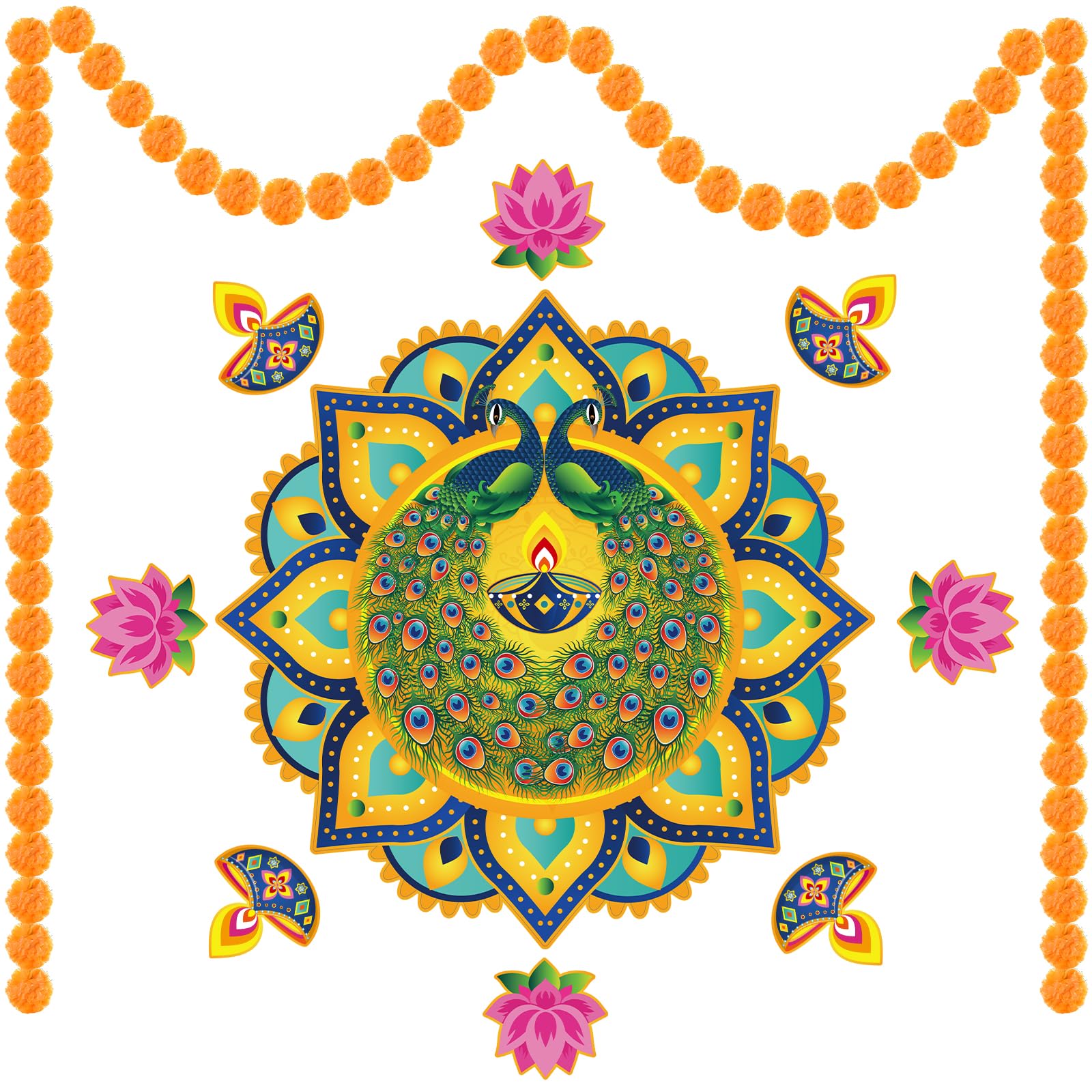 Tiamon Diwali Rangoli Decorations Include 7 pcs Rangoli Floor Stickers and 2 pcs Marigold Garlands Diwali Rangoli Stickers for Floor Entrance Porch Indian Diwali Diyas Rangoli Home Party Decorations