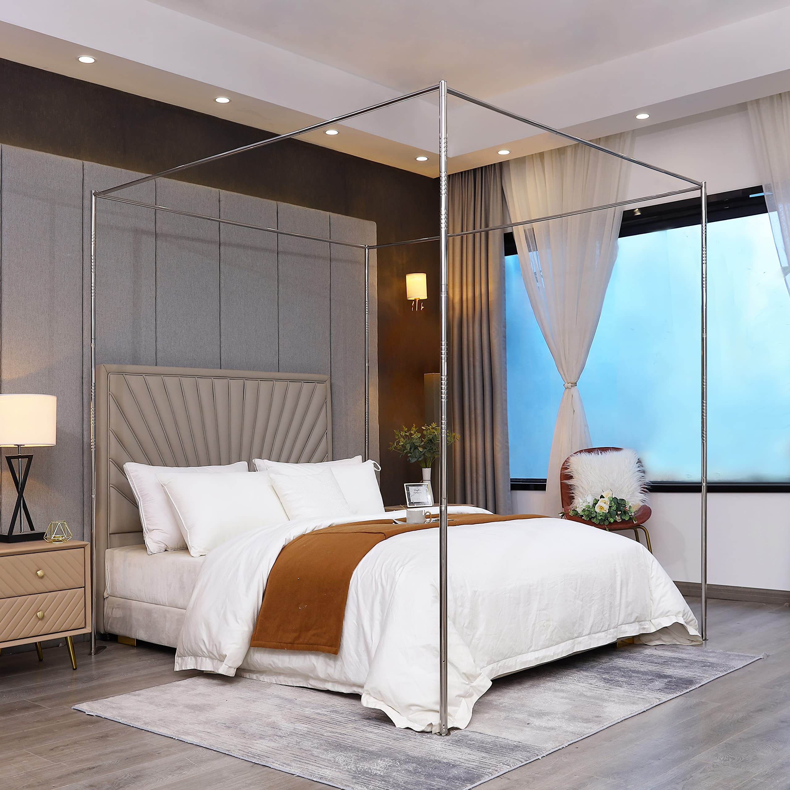 Canopy Bed Frame Full Size, Thicken Stainless Steel Bed Canopy Frame, Bed Post Poles 4 Corner Canopy for Metal Bed Mosquito Curtains Bedroom Decor