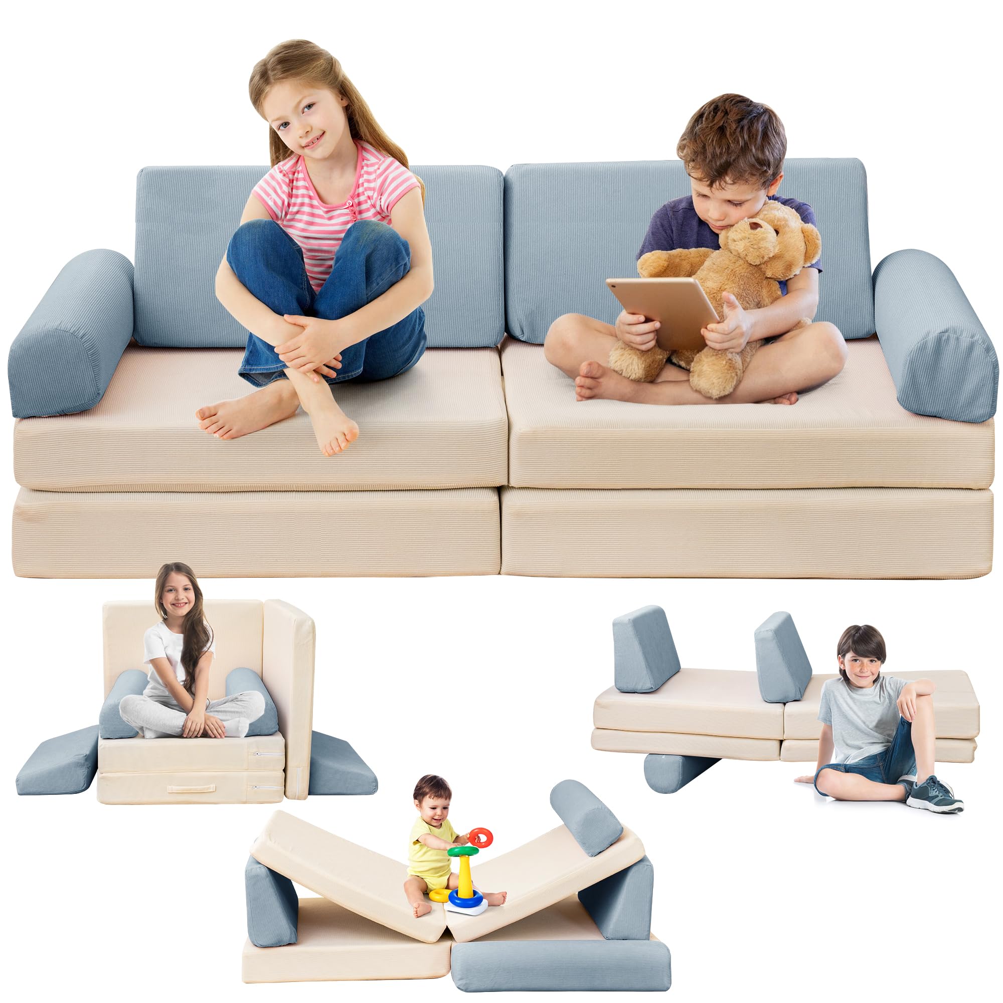 Stmoze Modular Kids Play Couch, 5 Second Quick Bounce High Density Foam, Corduroy Fabric, Kids Sofa That Inspires Toddler Creativity for Playroom