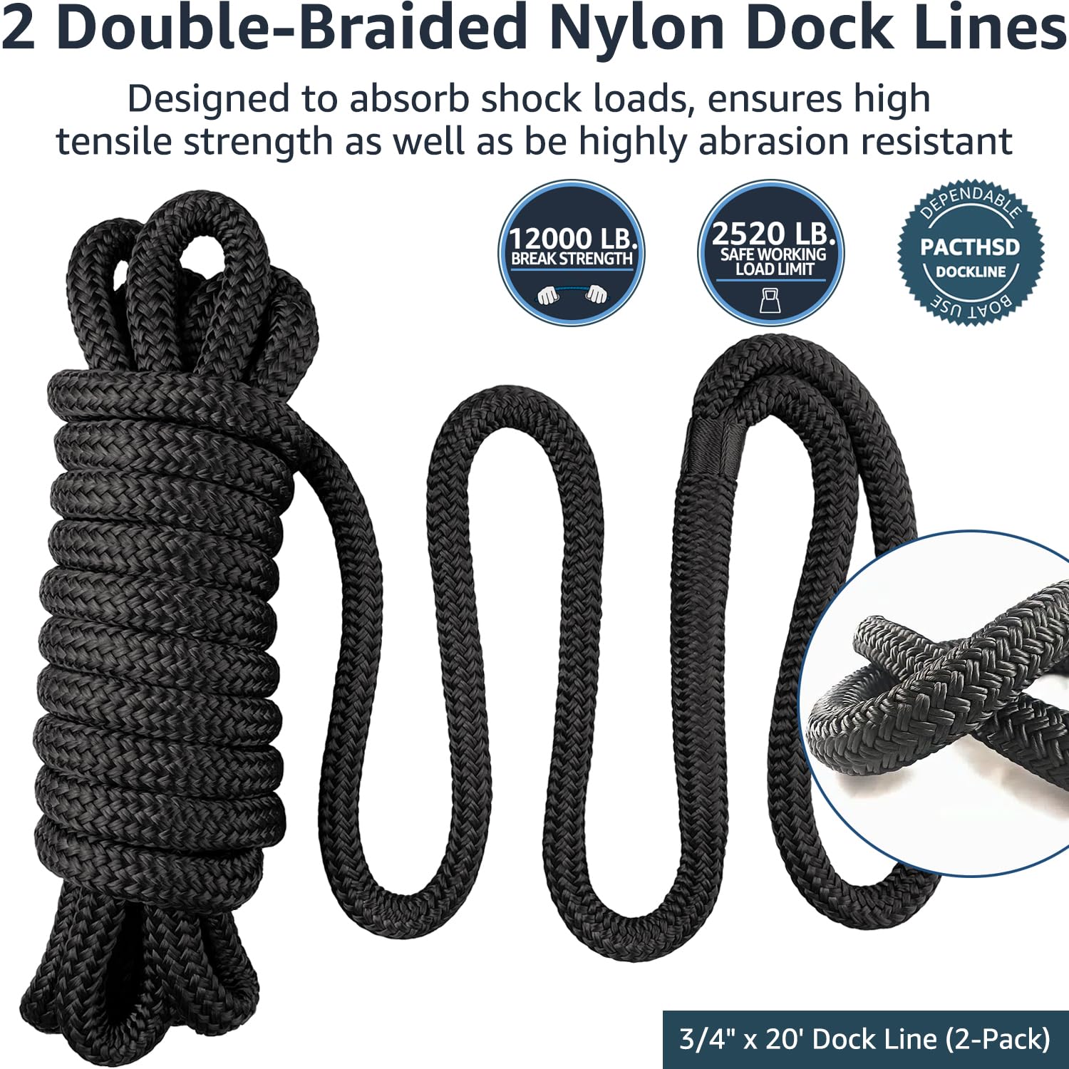 4 Cime Da Ormeggio Per Barche In Nylon Doppia Treccia - Diametro 1/2 Pollice, Lunghezza 15 Piedi