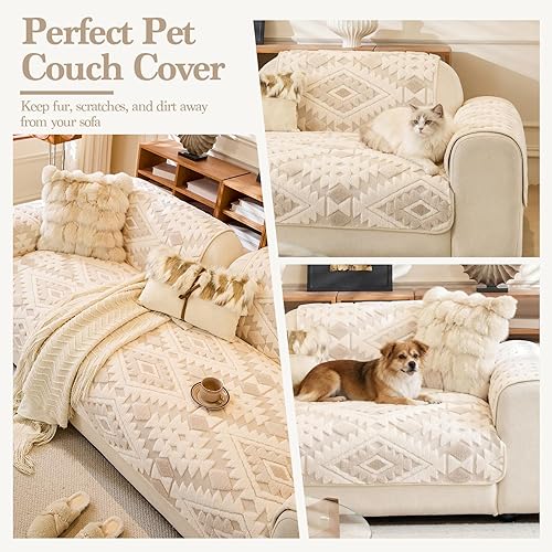 Miniatura 5 de Funda de sofá para perros, lavable, funda de felpa suave para sofá de dos plazas y sofá de 23 cojines, funda antideslizante para sofá (beige, 35.5 x