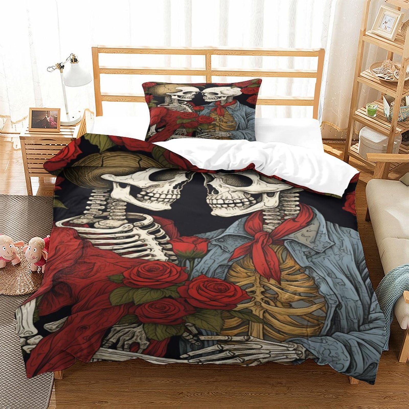 P1S9U7W5Y 3D Printed Skeleton Couple Duvet Cover Set 3pcs Microfiber Halloween Bedding Set Single