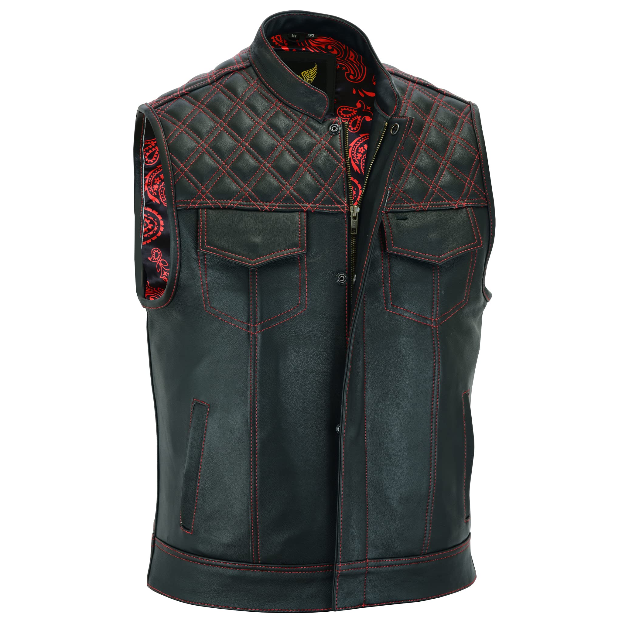 Leatherick Groove Club Hommes Gilet Cuir Biker - Doublure Traditionnelle En Satin Paisley Avec Surpiqûres Noires, SOA Pre Paisley R&B 301