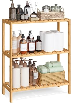 SONGMICS Bamboo Storage Shelf, 3-Tier Shelving Unit, Multifunctional, in the Hallway, Bathroom, Living Room, Balcony, Kitchen, 26 x 60 x 66 cm, Natural BCB33Y