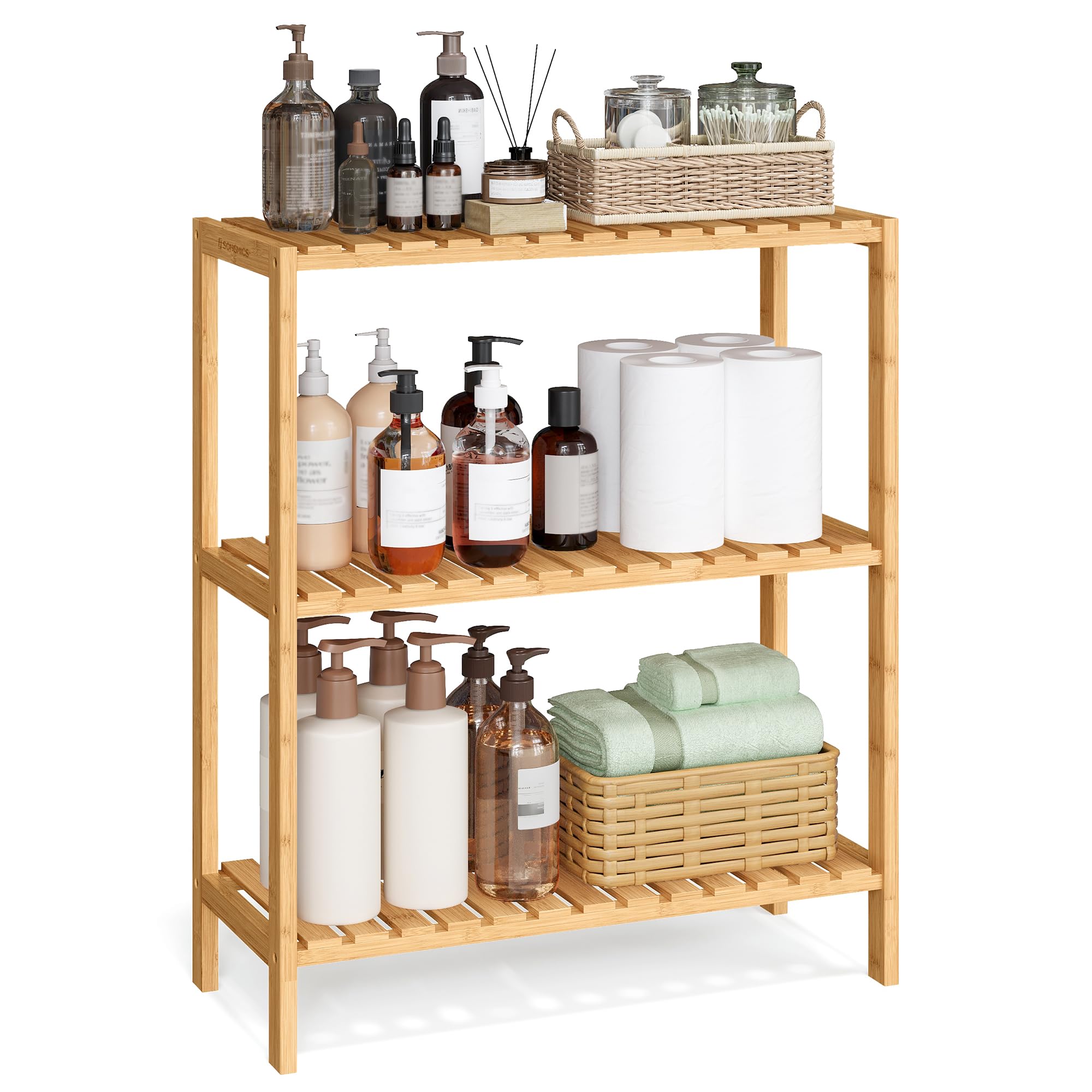 Songmics Natural Bamboo Storage Shelf, 3-Tier Shelving Unit, Multifunctional, In The Hallway, Bathroom, Living Room, Balcony, Kitchen, 26 X 60 X 66 Cm, Bcb33y