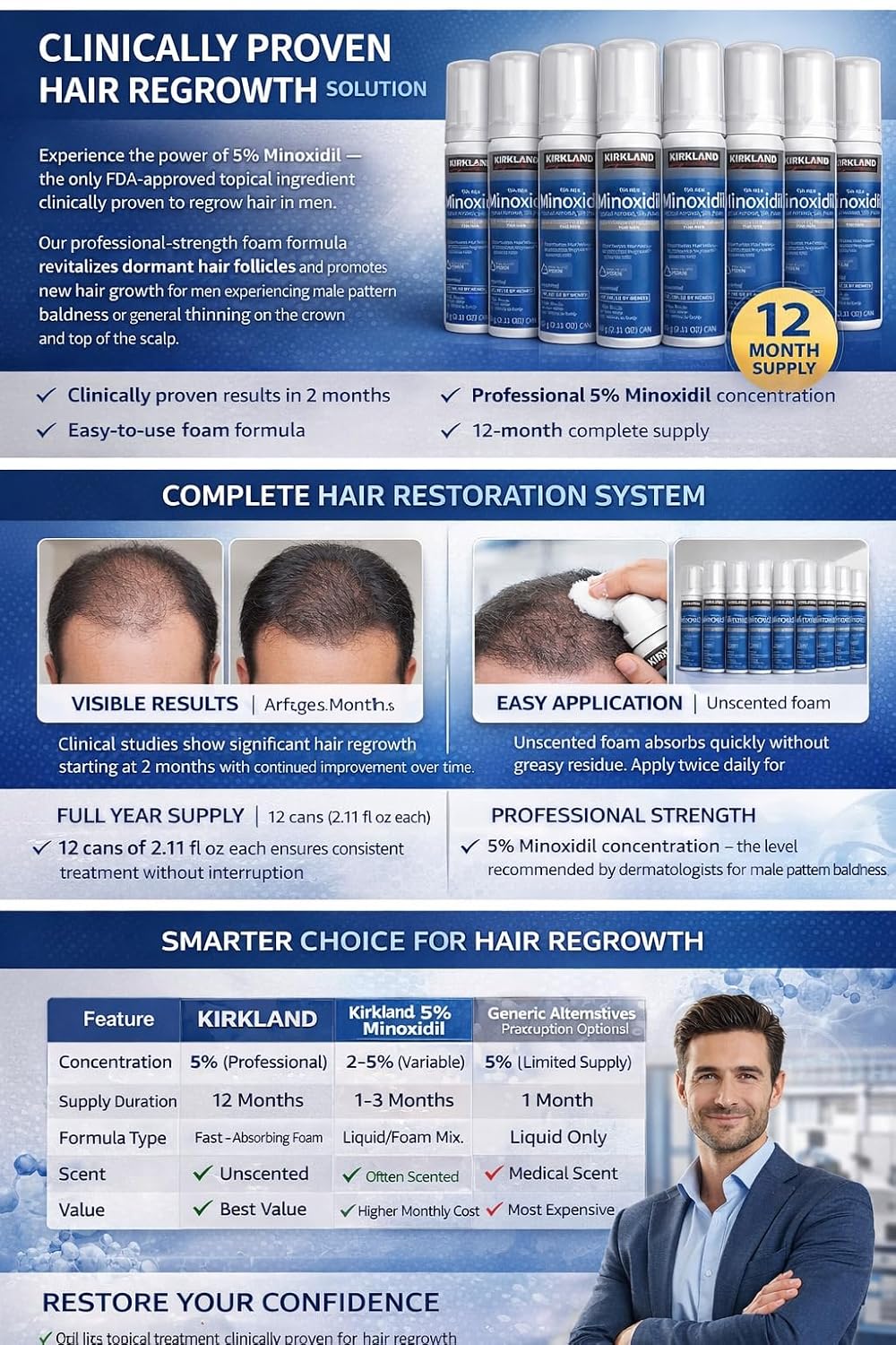 Kirkland Signature - 5% Minoxidil for Men Hair Growth Treatment Unscented Topical Foam Aerosol - 12 Month Supply ,Kirkland-w3w3