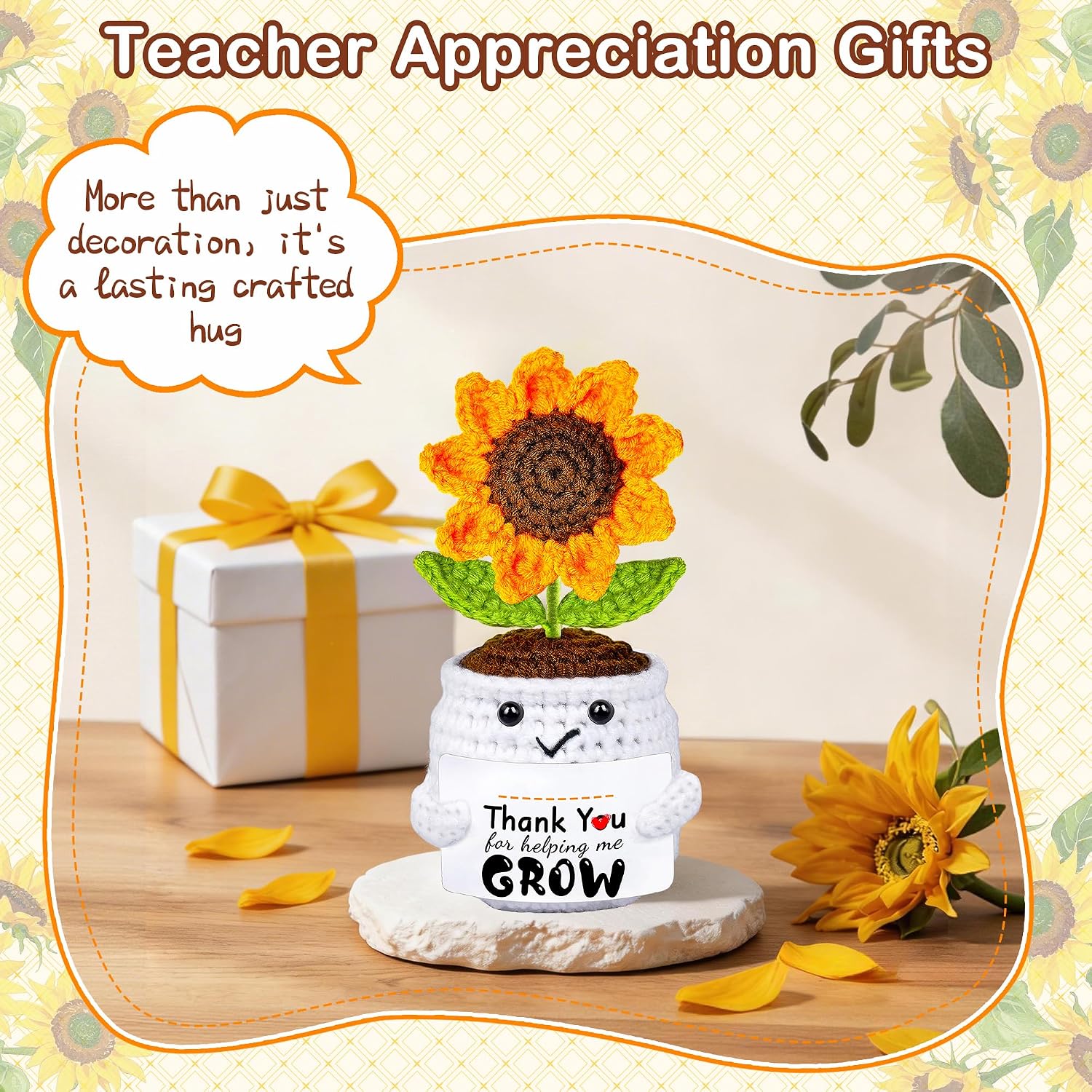 Teacher Appreciation Gifts, Thank You Teachers Gift, End of Year Teacher Gifts, Personalized Graduation Father's Day Birthday Gift for Teachers Mentor Coworker Senior, Handmade Crochet Sunflower Doll