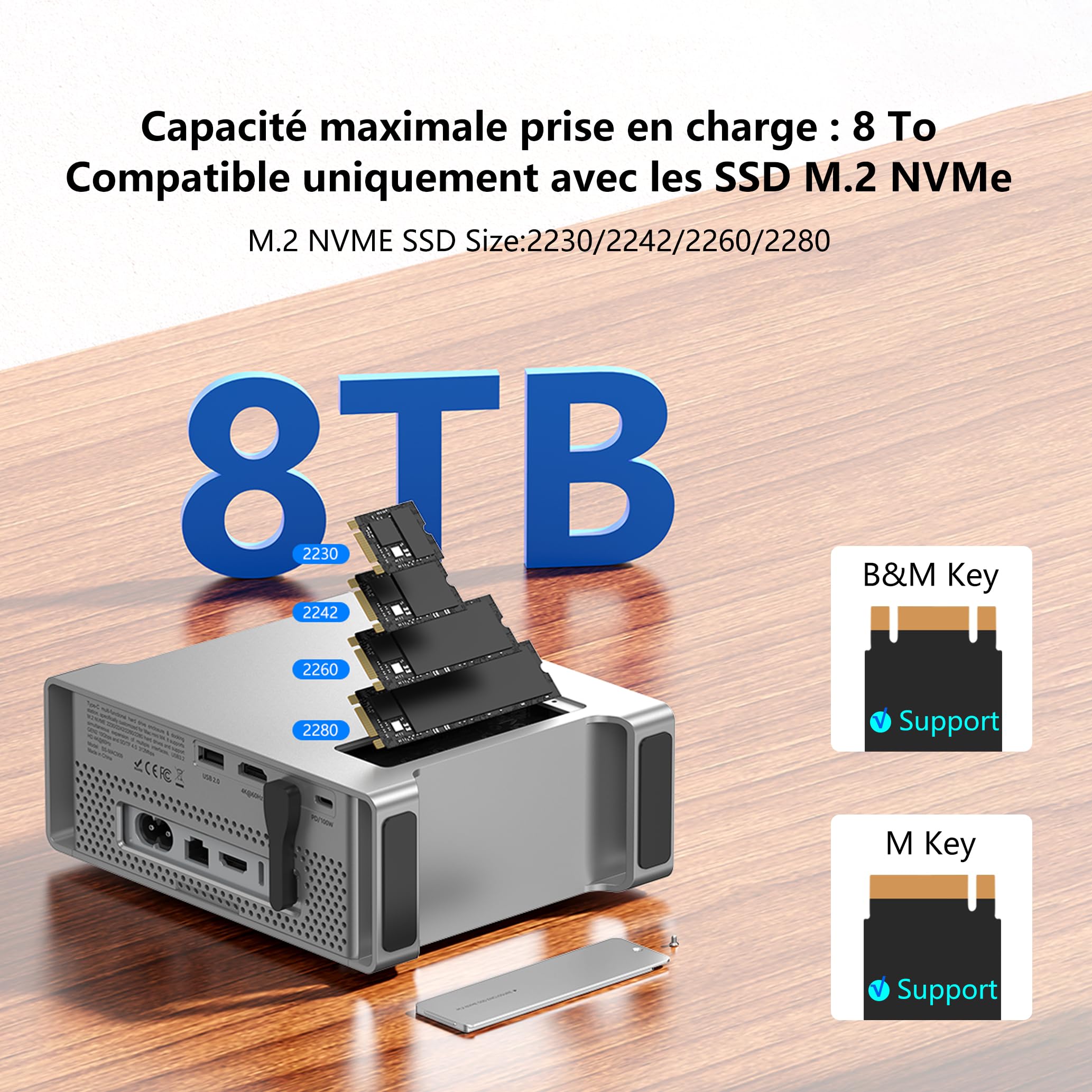 Dock & Stand USB C pour Mac Mini M4/M4 Pro 2024, Station d'accueil avec Boîtier SSD M.2 NVMe (Jusqu'à 8 to), HDMI 4K@60Hz, Données 10 Gbps USB-C/A, Lecteur de Cartes SD/TF, Support Aluminium