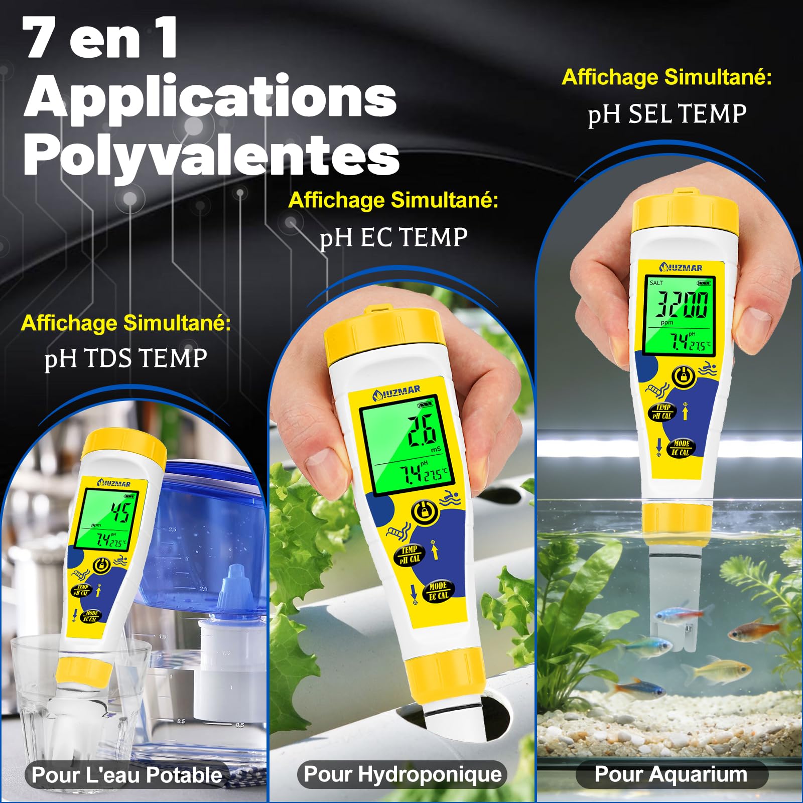 UIUZMAR Testeur de Chlore et de pH pour Piscine, pH Mètre et Salimètre pour Eau Salée Affichage Simultané du pH,Sel Temp Appareil de Mesure 7 en 1 pour Hydroponique, Eau, Aquarium