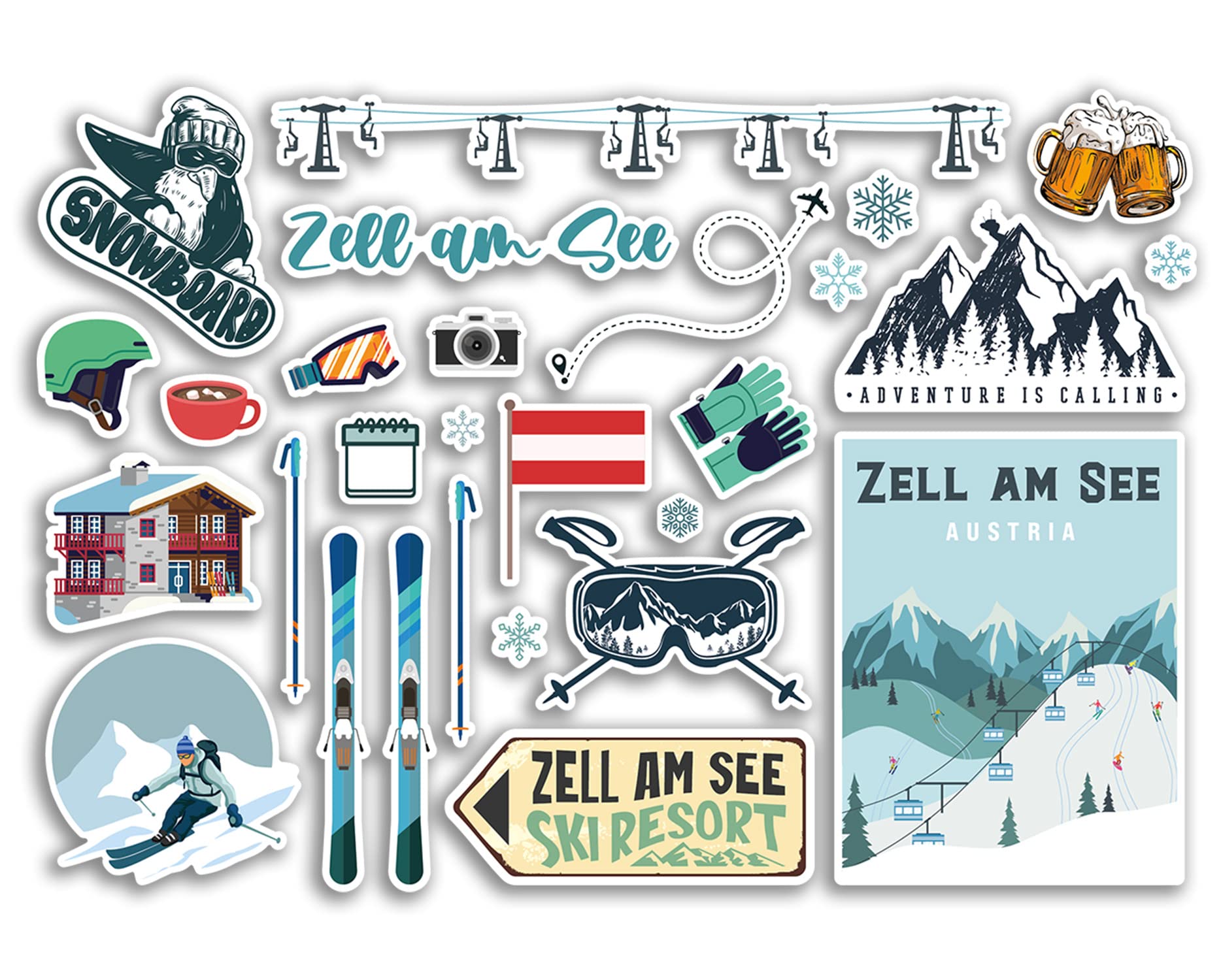 Dv Design Multi A5 Sticker Sheet Zell Am See Vinyl Stickers - Austria Austrian Ski Resort Mountains Snowboard Holiday Flag Travel Snow Sports Luggage Scrapbooking #79063