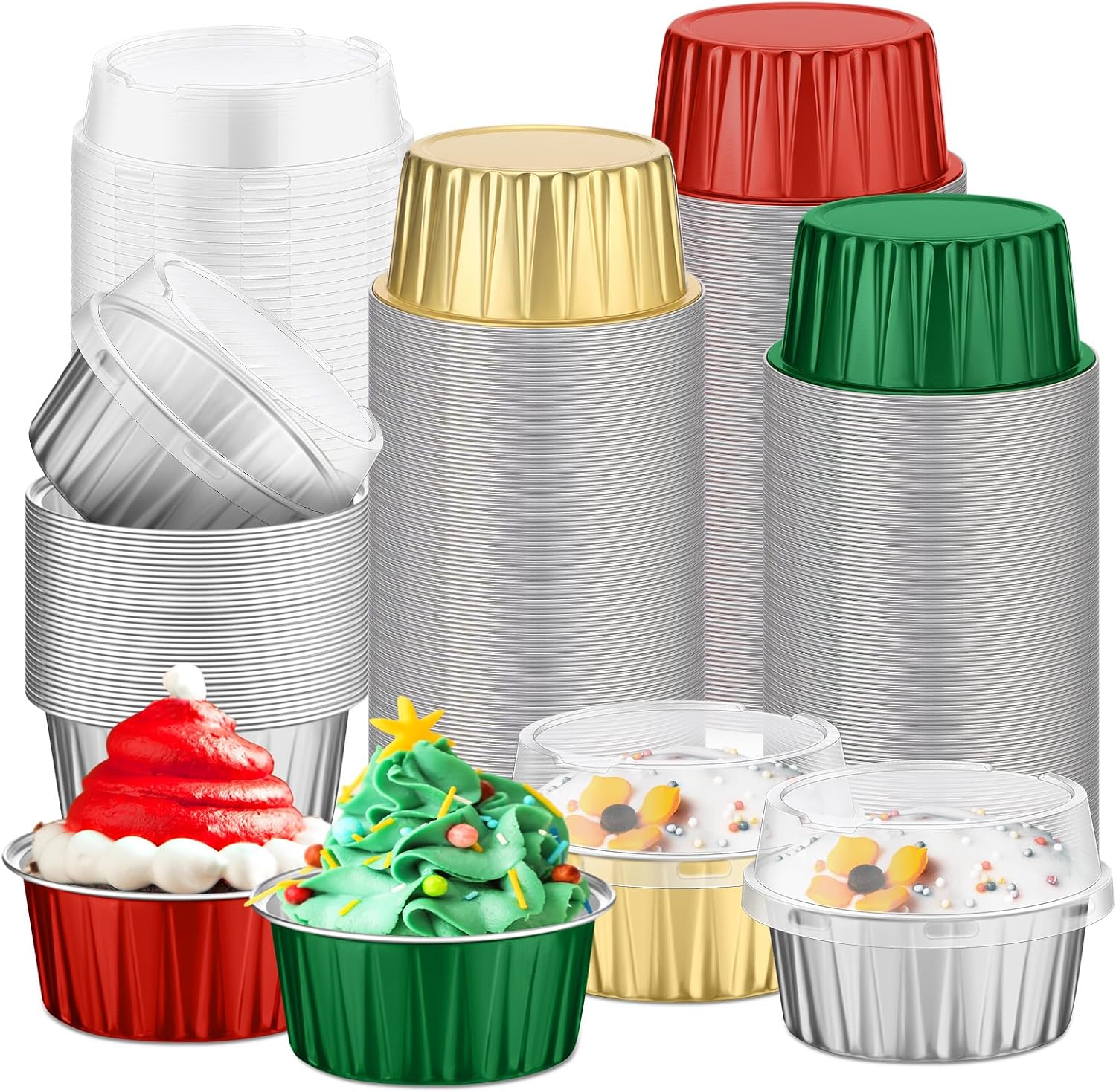 Mothers Day Baking Cups with Lids 5 oz Mini Pink Aluminum Foil Cupcake Red Baking Cups for Spring Party Round Dessert Pans Molds Containers(100 Pcs,Pink)