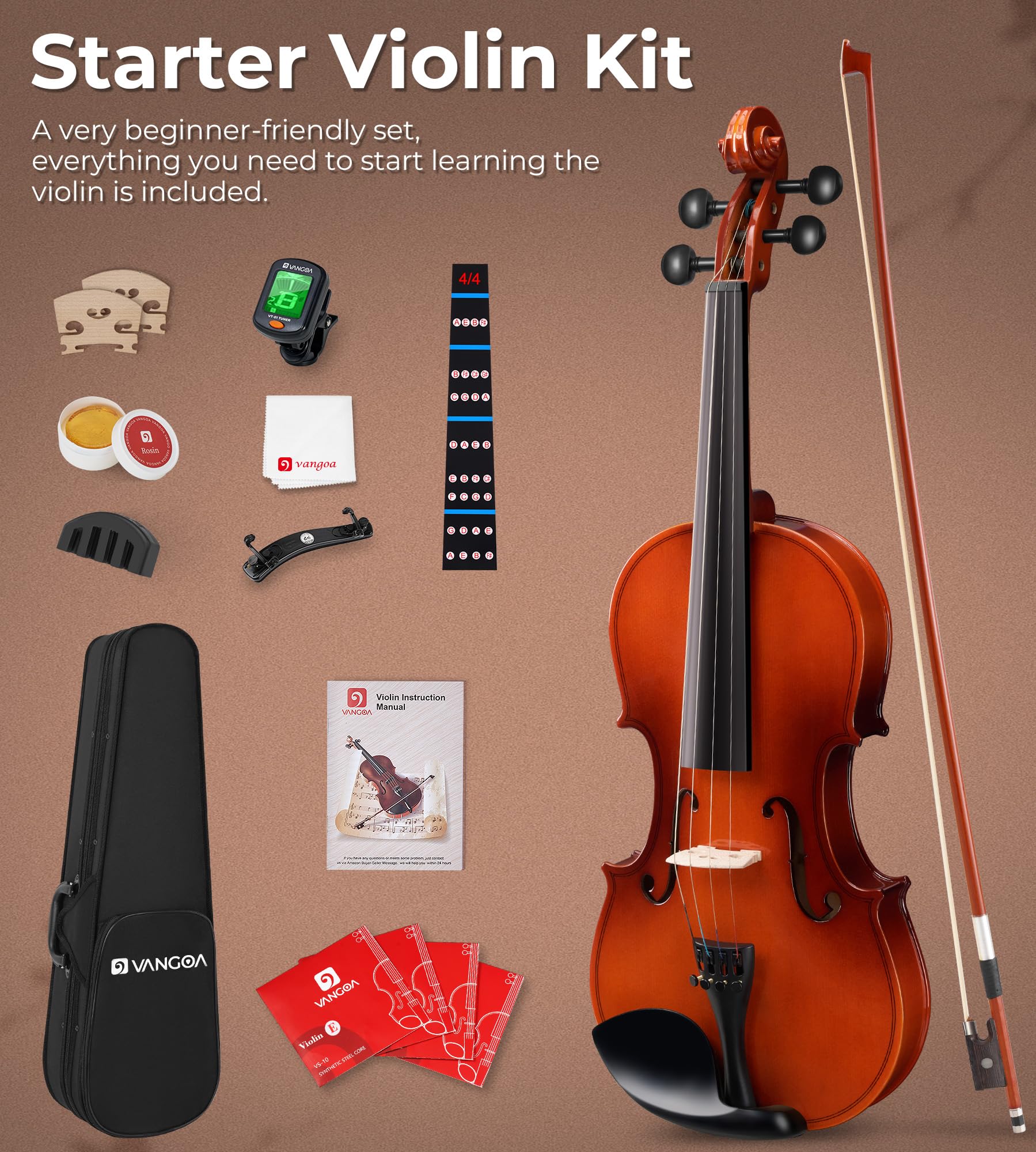 Vangoa Kit violino 4/4 di dimensioni standard per principianti, violino per bambini, adolescenti, età 9+ set di violino con custodia rigida, colofonia, arco, corda, spalliera, guida per tastiera,