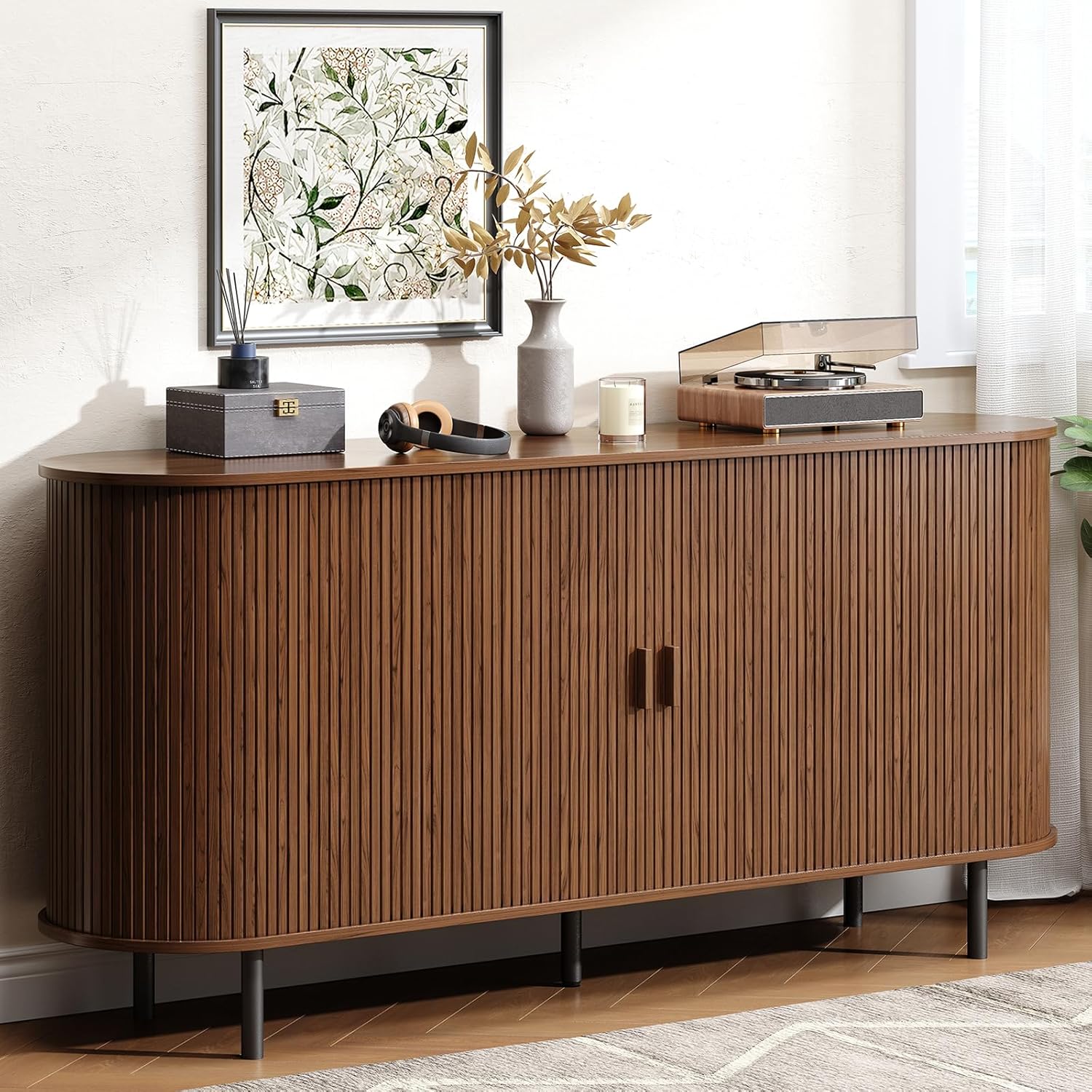 Buffet Cabinet with Storage, Fluted Sideboard Buffet with Sliding Door, Coffee Bar Cabinet with Adjustable Shelf, Console Table, Accent Table for Entryway, Kitchen (Walnut, 63 Inch)