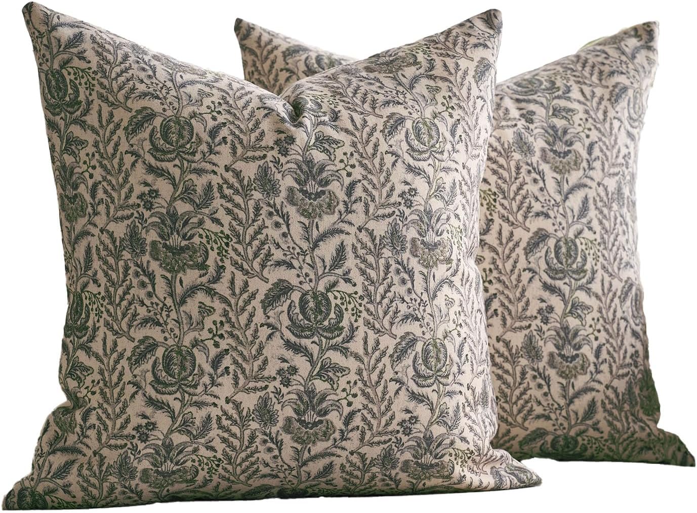 Amor Virisso Floral Pillow Covers 20x20 Set of 2 Vintage Block Print Pillow Covers Neutral Floral Striped Farmhouse Accent Decorative Pillow Covers for Sofa Bed, Green
