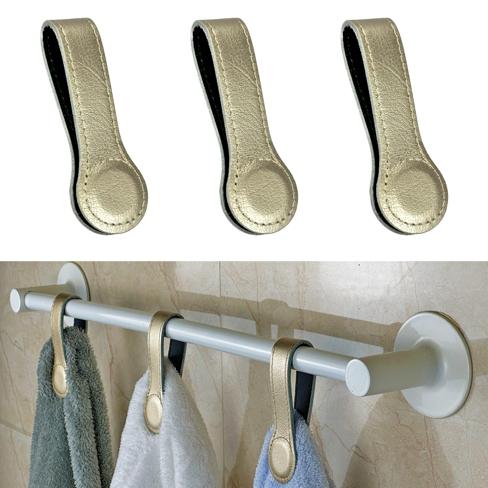 Prriudy 3 Pack Leather Towel Clips Bath Towels Hooks with Magnets Kitchen and Bathroom Accessory (Champagne, 3 Pack)