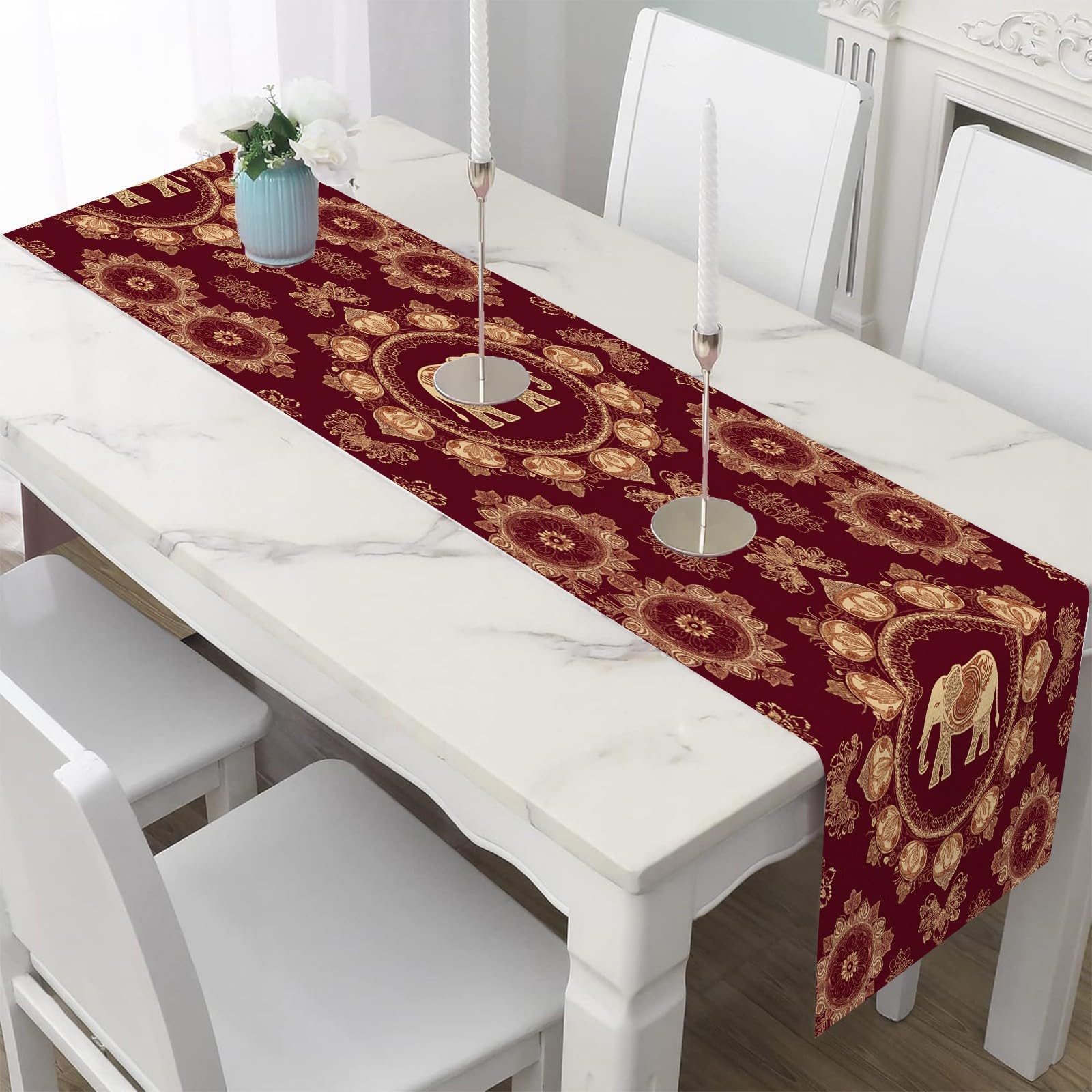 Table Runner Wrinkle Resistant Asian Elephant Tablecloth Bohemian Floral Wedding Table Decor, Home Decor Mandala Totem Party Mats for Everyday Dining Room Decorations 30x240 cm
