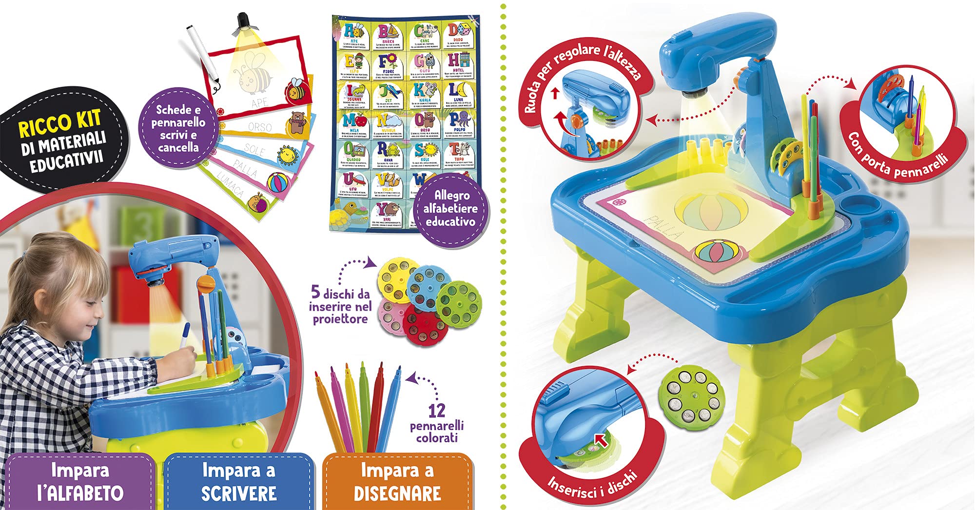 Liscianigiochi- Carotina Banchetto Proiettore LED Scuola di Scrittura, Multicolore, 88614, a partire da 3 anni