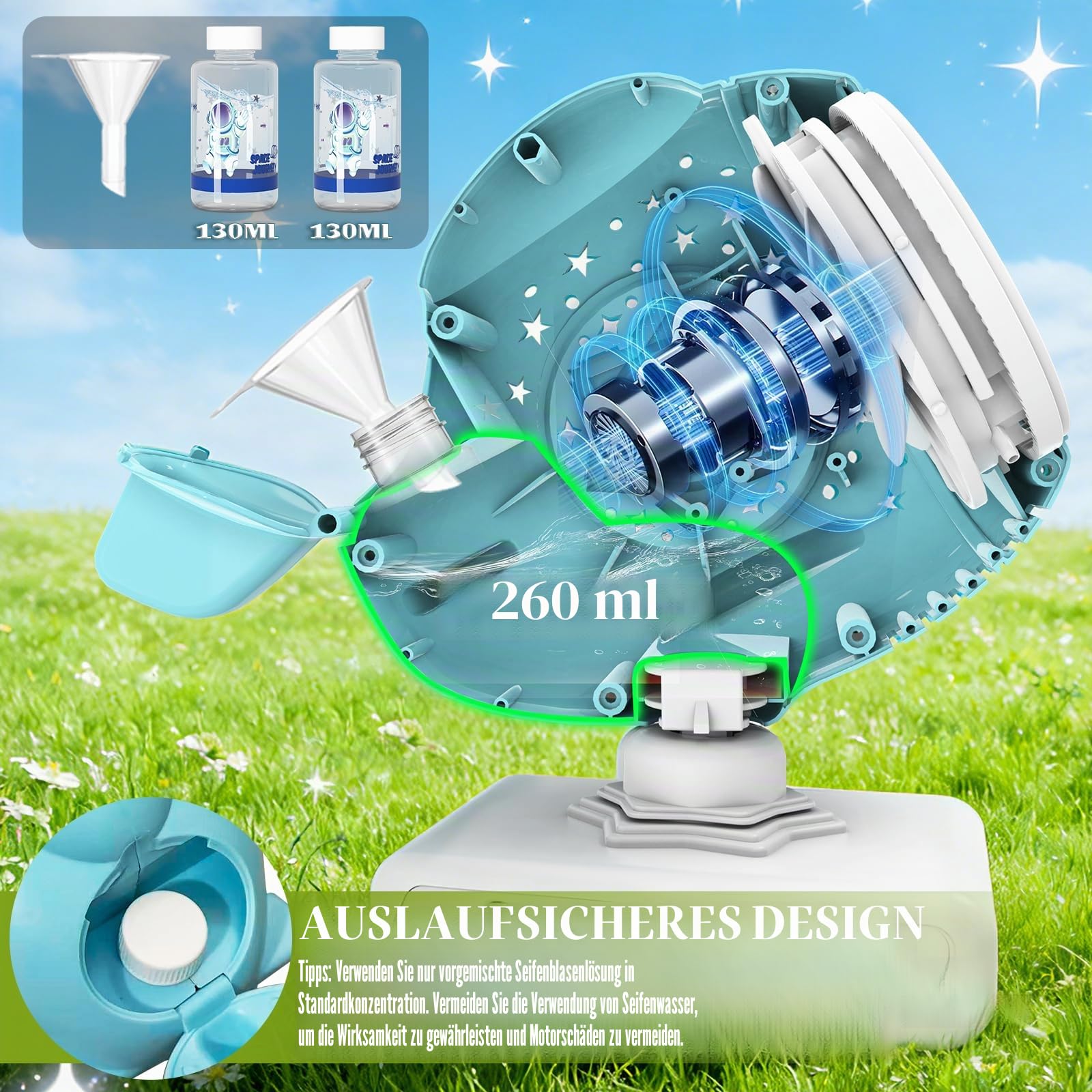 Sitodier wiederaufladbare Seifenblasenmaschine, um 360° drehbares Seifenblasenspielzeug mit Licht, Seifenblasenmaschine in Raumschiff-Form für Kinder und Kleinkinder, Geburtstag, Party, Hochzeit