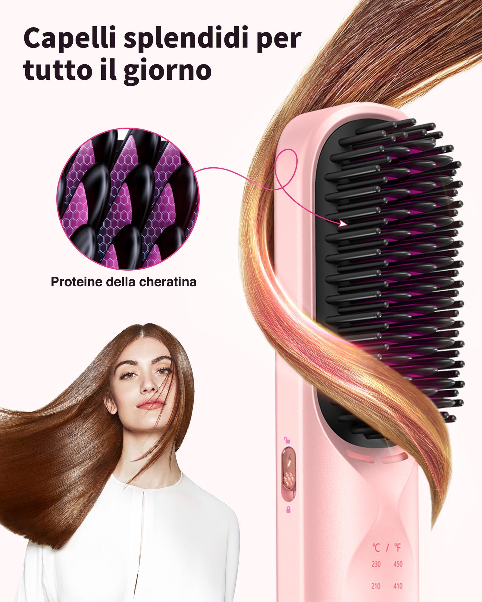 Bopcal Spazzola Lisciante Senza Fili 10000 mAh - 3 IN 1 Spazzola Lisciante con Milioni di Ioni Negativi, Ricaricabile per viaggi, 6 Livelli di Calore, Previene i Capelli e Leviga più Velocemente 13