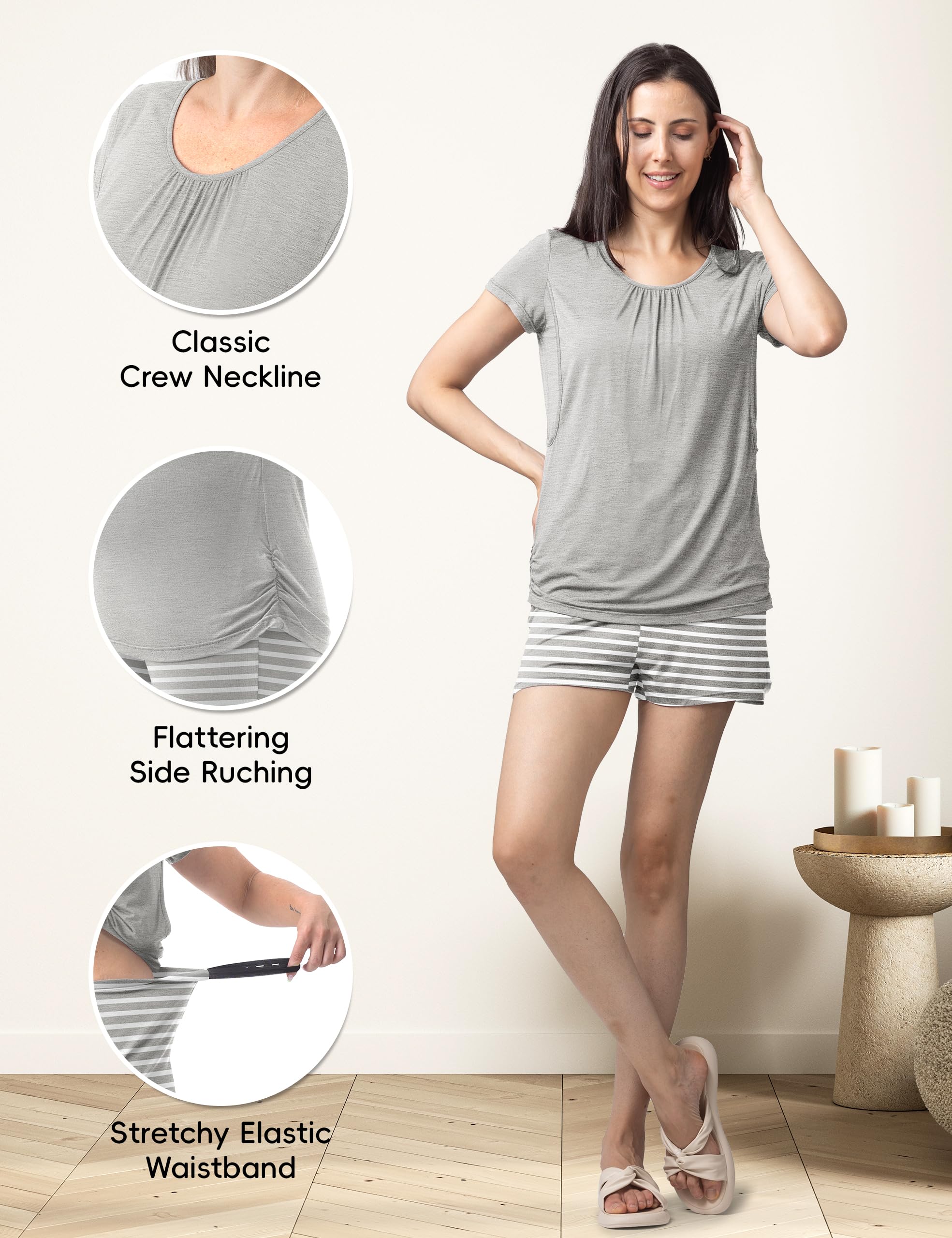 SUNNYBUY Pigiama Premaman per Donna 3 Pezzi – Maglietta Allattamento a Maniche Corte, Pantaloncini e Pantaloni Premaman, Grigio&Righe XL