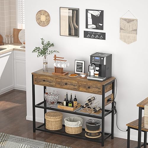 Miniatura 6 de Ecoprsio Mesa de entrada de 47 pulgadas con salidas y puertos USB, mesa consola con 3 cajones, mesa de sofá estrecha larga con estantes de Marrón