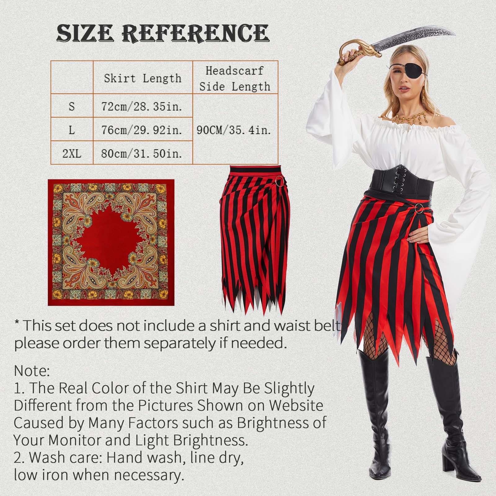 MVFEUIJ Women's Pirate Costume Accessory Set, Ladies Pirate Fancy Dress Accessories with Skirt, Headscarf, Eye Patch - Image 4