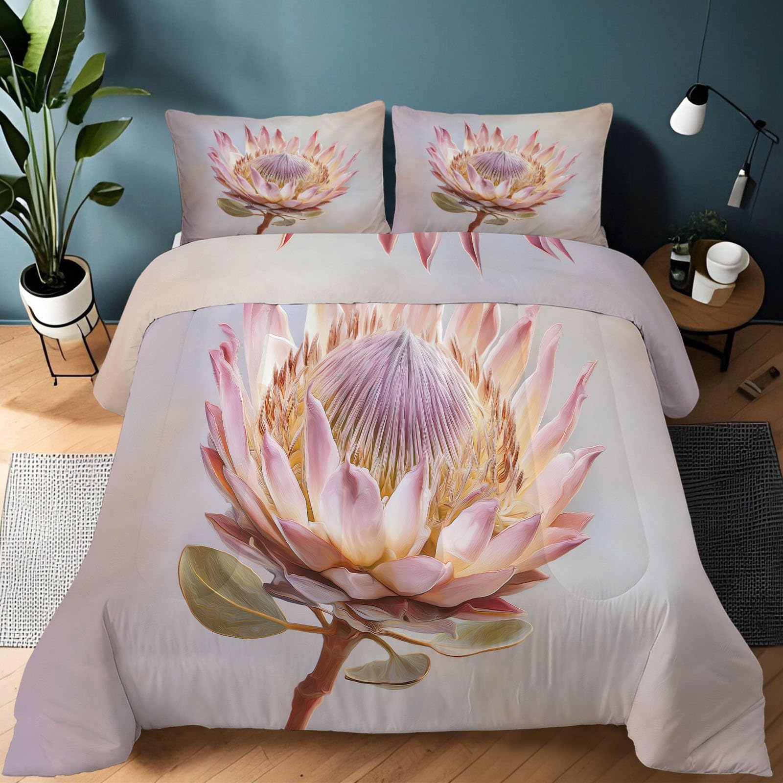 Générique Trapunta stampata 140 x 200 cm Pianta Fiori di Protea Reversibile Trapunta Acquarello Onirique 4 Stagioni - Grigio Trapunte trapuntate, Edredon Trapunte senza Houss e 2 federe 65 x 65 cm