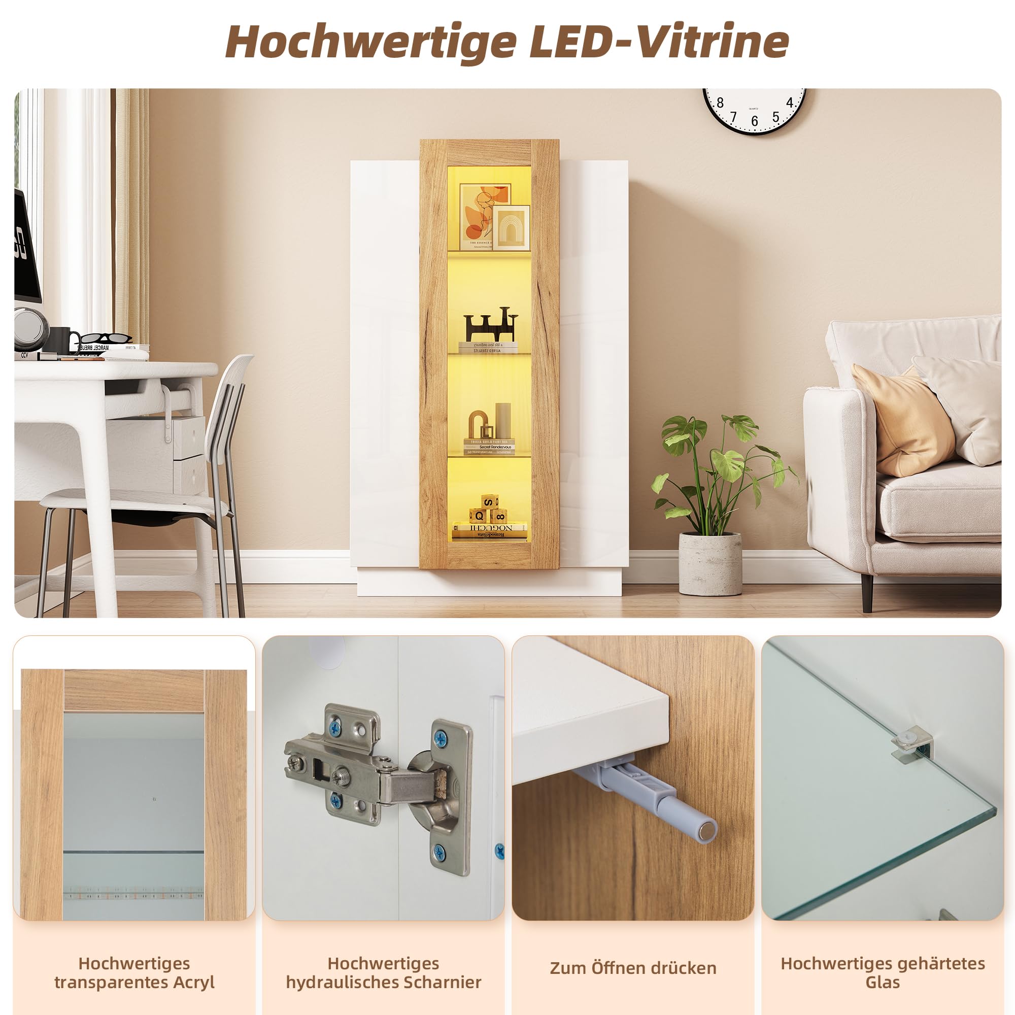 74 x 40 x 120 cm, armario de salón con 3 puertas, puertas transparentes, vitrina brillante con LED, estantería con estantes de cristal y cajón, vitrina de pie con una altura de 120 cm