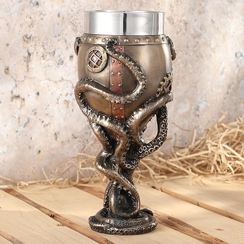Miniatura 4 de Veronese Design Campana de buceo de pulpo steampunk de 7 1/2 pulgadas, copa de acero inoxidable con acabado de bronce (7 fl oz)