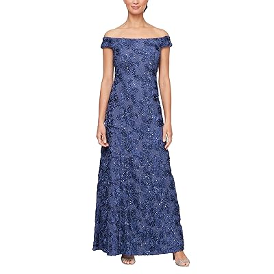 Alex Evenings Off the Shoulder Long Rosette Lace A Line Dress Women