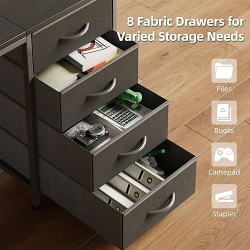 Miniatura 4 de MUTUN Escritorio para computadora de 60 pulgadas con 8 cajones de tela, escritorio de oficina en casa con tomas de corriente, escritorio de trabajo