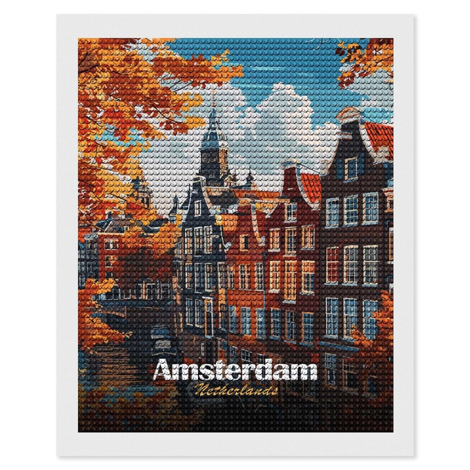 Junmoney Amsterdam Netherlands Autumn Cityscape Illustration Diamond Painting Set 16"x20", Arts and Crafts, Wall Art Gift, Full Kit Included, Relaxing Handmade Project