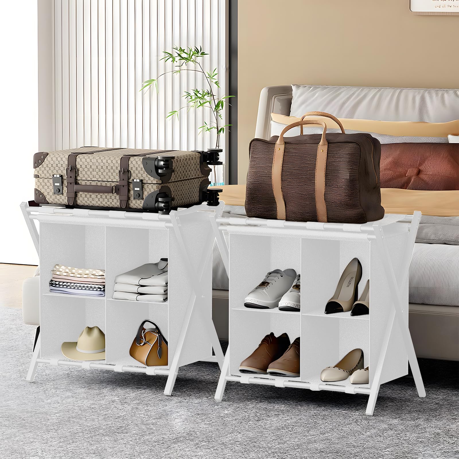 Huhote Portaequipajes para habitación de invitados, juego de 2, soporte plegable para maleta con estante de almacenamiento de tela, soporte de equipaje, soporte plegable de acero para habitación de