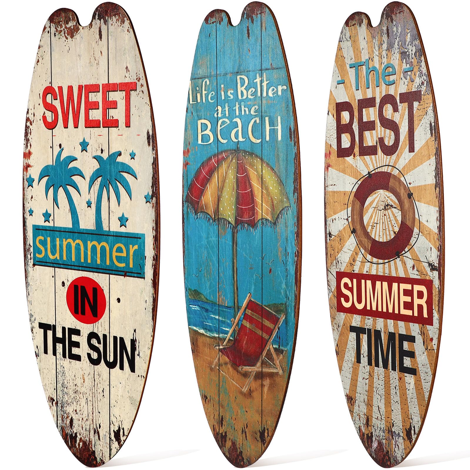 FRCOLOR Placas de Madera Colgantes Temática Playa 3 Piezas Diseño Surf para Decoración de Pared, Cartel Artístico para Hogar, Bar y Jardín, Adorno Veraniego Estilo Rústico