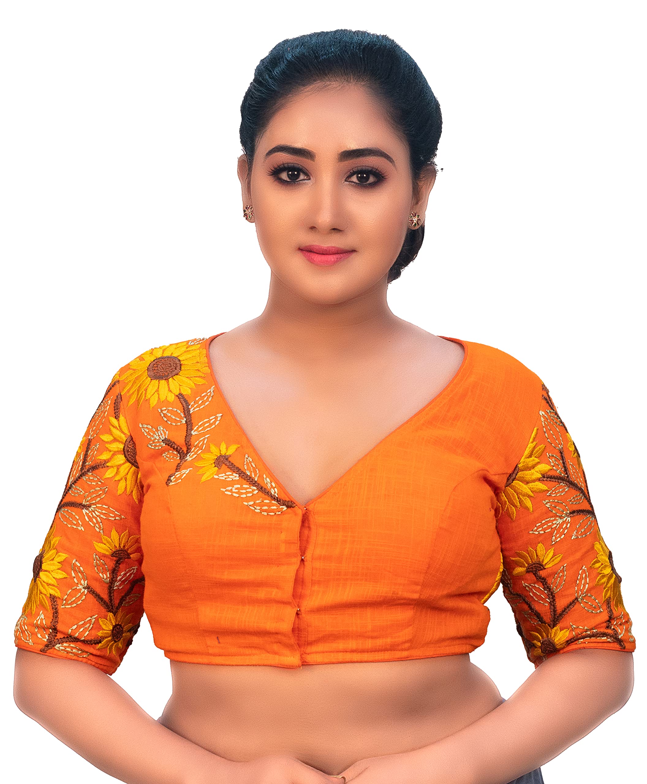 tanjinas Women's Cotton Orange Heavy Embroidered Designer Blouse-picture-1