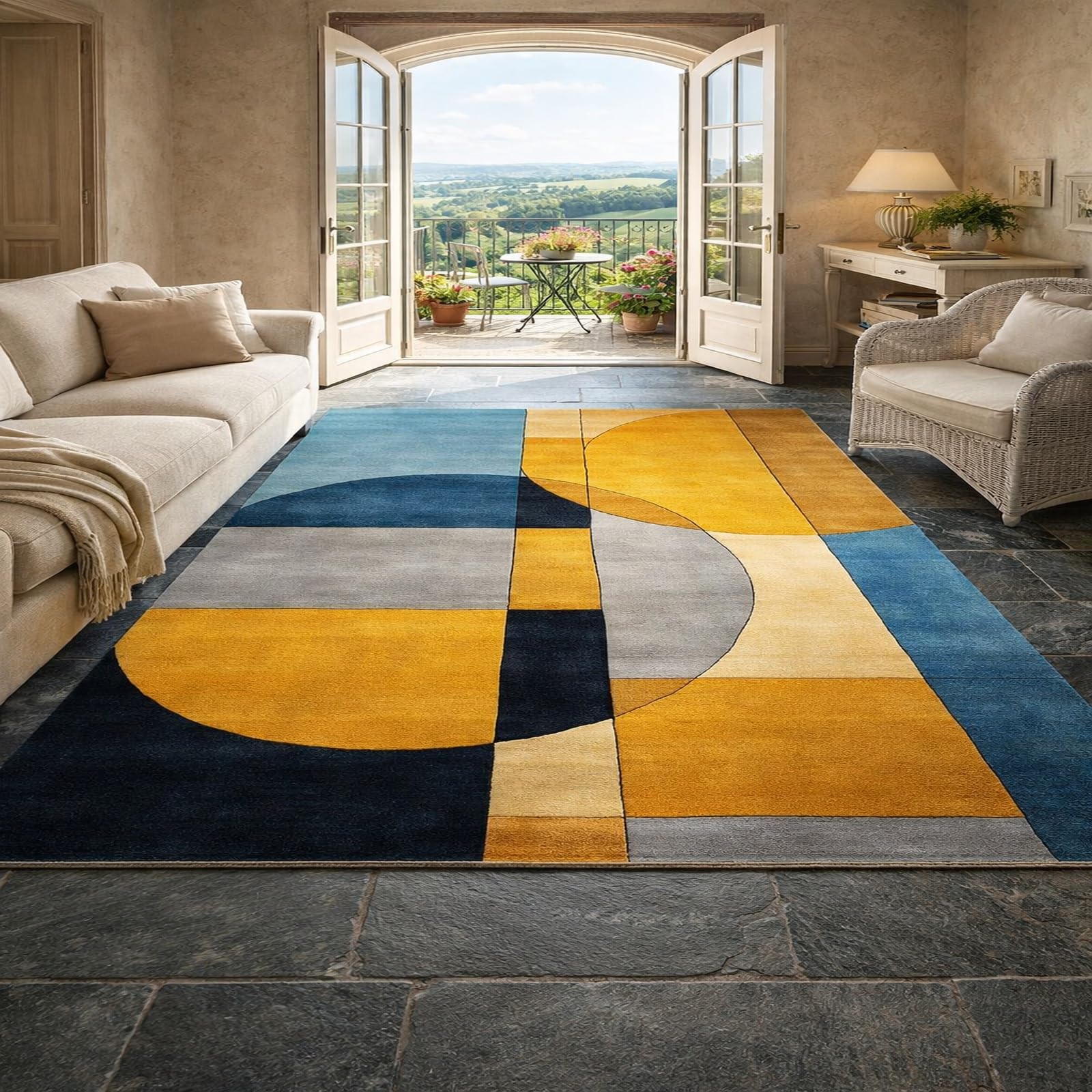 Tapis d'art décoratif moderne bleu et jaune haut de gamme 150x150