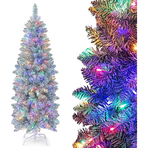Goplus 5ft Pre-Lit Artificial Pencil Christmas Tree, Hinged Slim Xmas Tree with 190 Multi-Color LED Lights, 343 Branch Tips, Shining Leaves, Foldable Metal Base, for Holiday Office Home Decor
