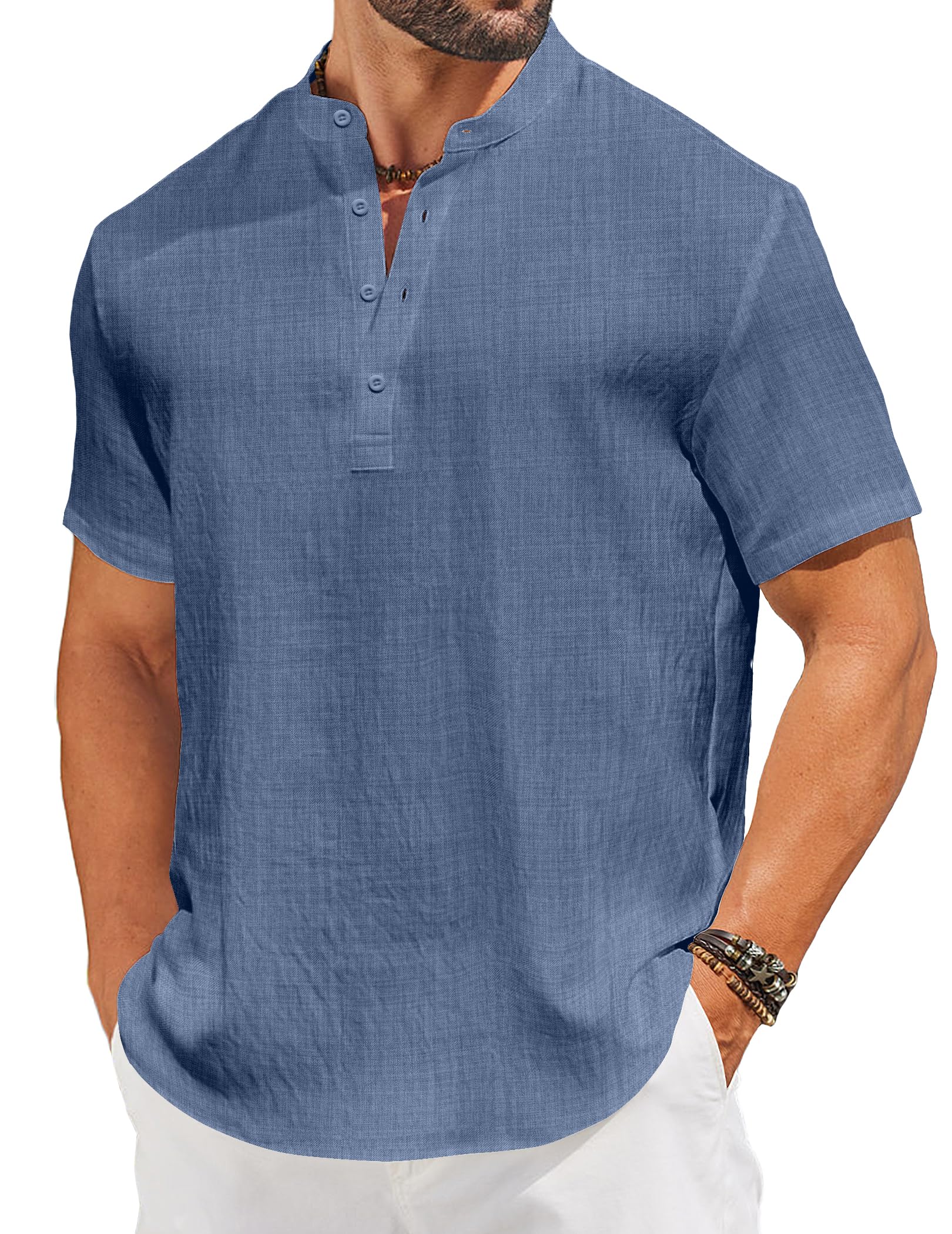 COOFANDY Men's Casual Henley Shirt Short Sleeve Linen Shirt Band Collar Summer Hippie Beach T-Shirts