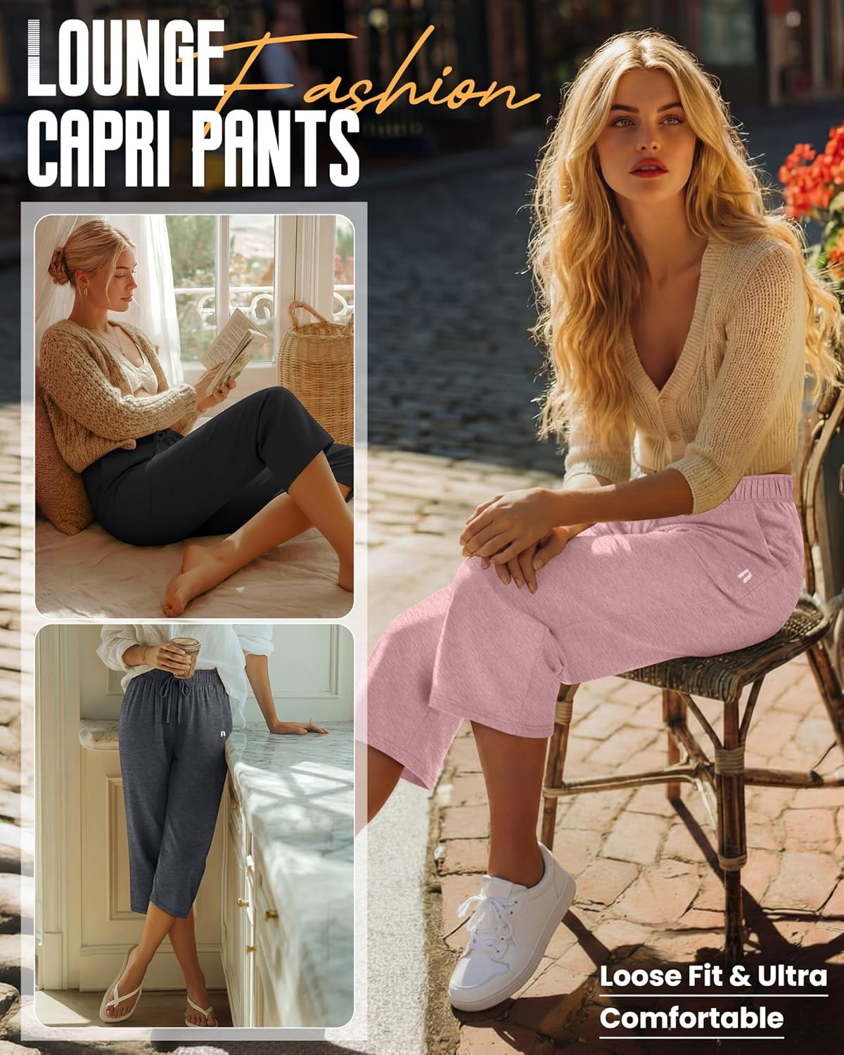 Neer 3 Pack Women's Capri Pants, Wide Leg Basic Sweatpants Lounge Loose Fit Casual Drawstring Yoga Capris with Pockets - Image 3