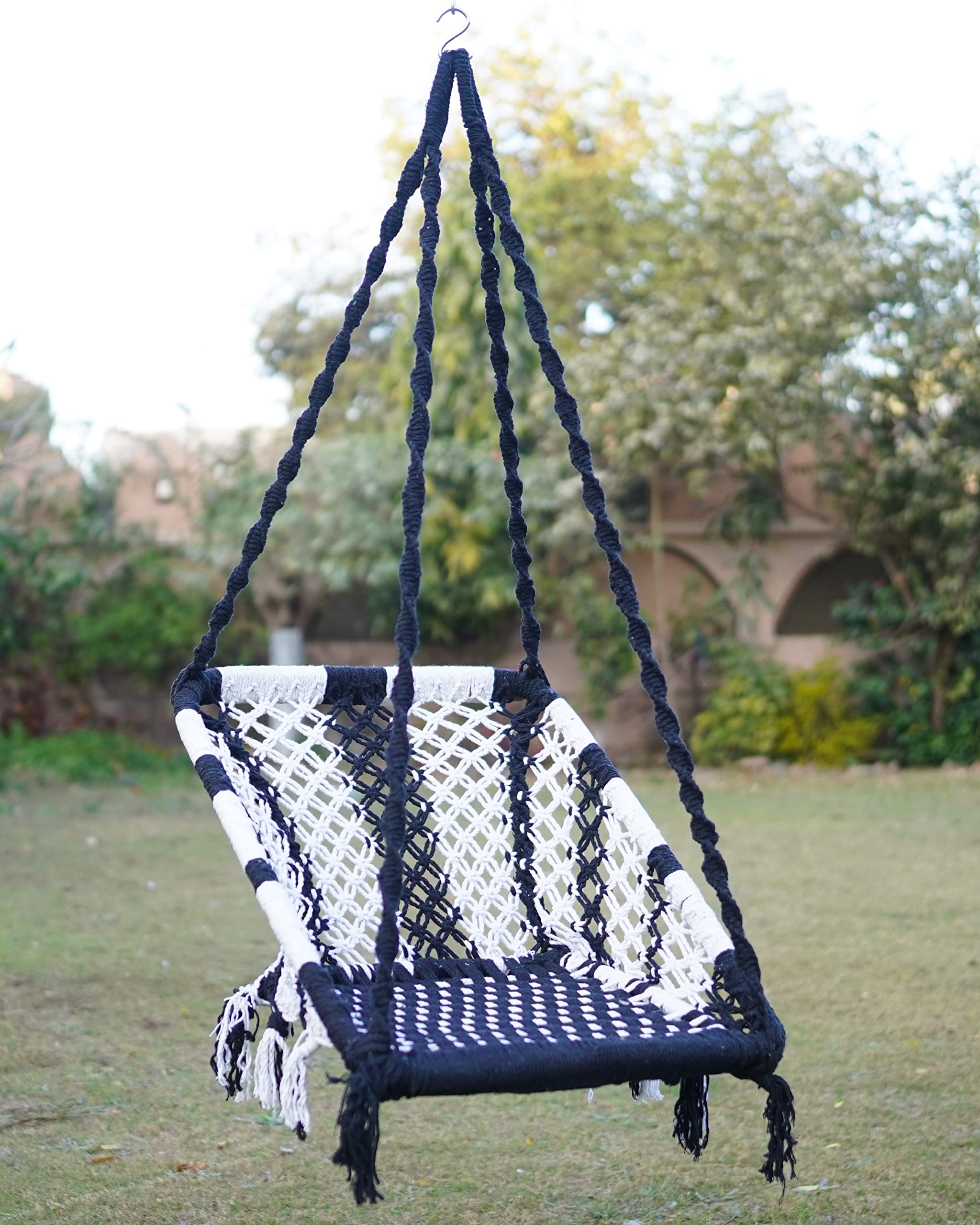 Swing for Adults/Jhula for Adults/Swing for Living Room, Swing for Balcony/Swing Chair/Swing for Adults for Home/Cotton Large Rectangle Hanging Swing with Hanging Kit (Black-White) by Patiofy