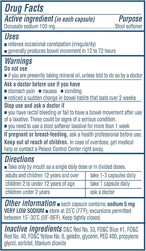 Vista 20 de Suavizante de heces Colace de intensidad regular, 60 cápsulas, 100 mg de docusato sódico, para un alivio suave y confiable.