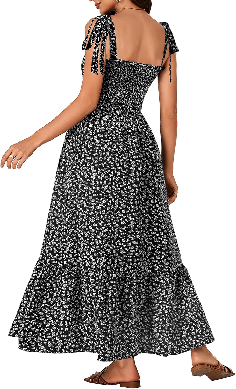 Rooscier Women's Square Neck Sleeveless Smocked Ruffle A Line Beach Sundress Long Maxi Dress - Image 5