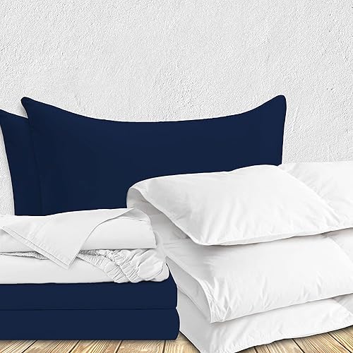 Thread Spread Paquete de ropa de cama de 6 piezas juego de sábanas de 4 piezas tamaño Queen azul marino protector de colchón Queen y cubrecolchón