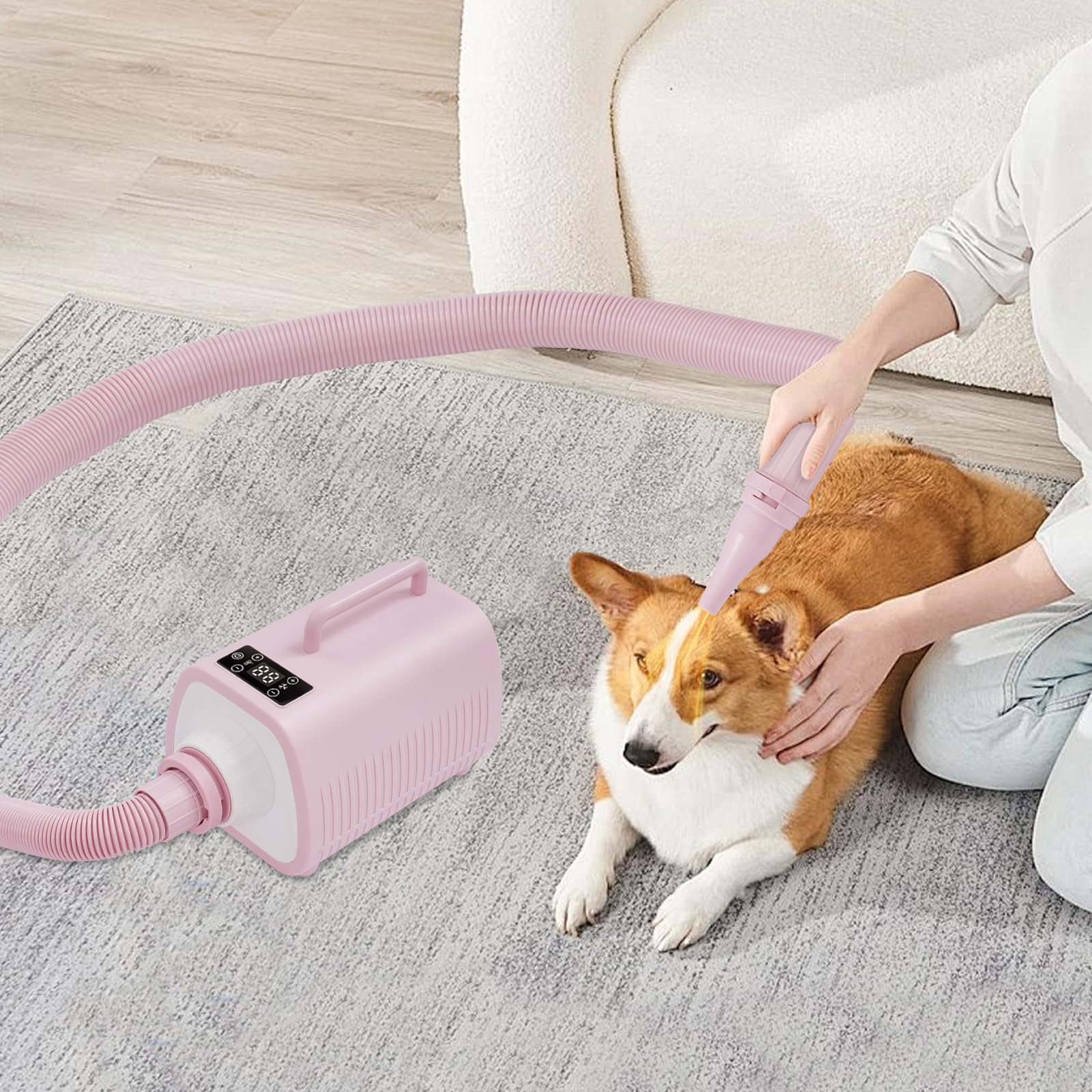 2100W Hundefön Blower mit Einstellbarer Geschwindigkeit und Temperatur, Hundepflege-Trockner-Gebläse mit 3 Verschiedenen Düsen und 2M Elastischem Schlauch, Hundetrockner mit LED-Touchscreen (Rosa)