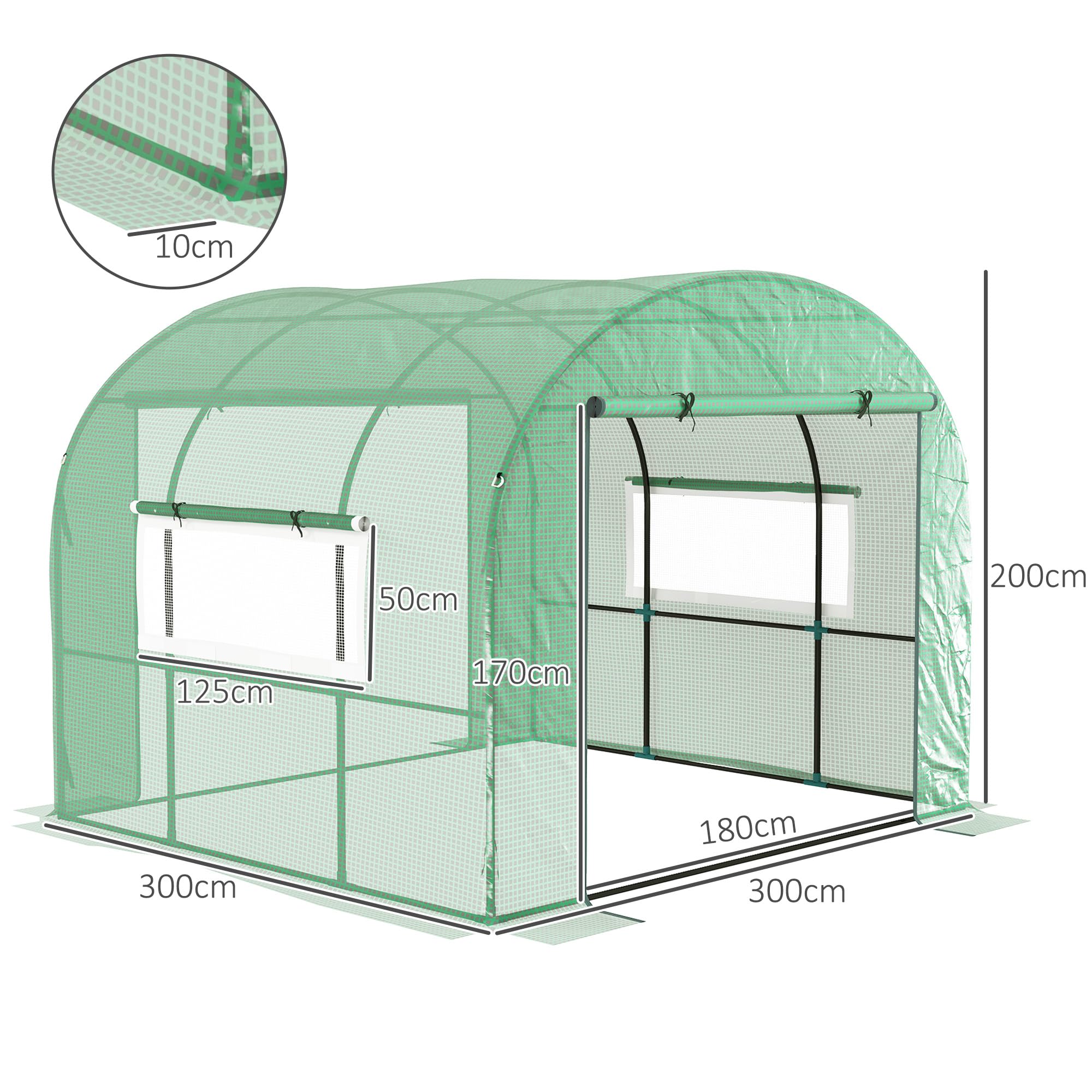 Outsunny Serra da Giardino a Tunnel 3x3x2 m con Porte e Finestre Avvolgibili, Serra per Orto con Struttura in Acciaio e Copertura PE, per Orto Verdure Fiori Frutta, Anti UV, Verde